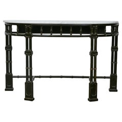 English Midcentury Demilune Table with Ebonized Bamboo Base, White Marble Top