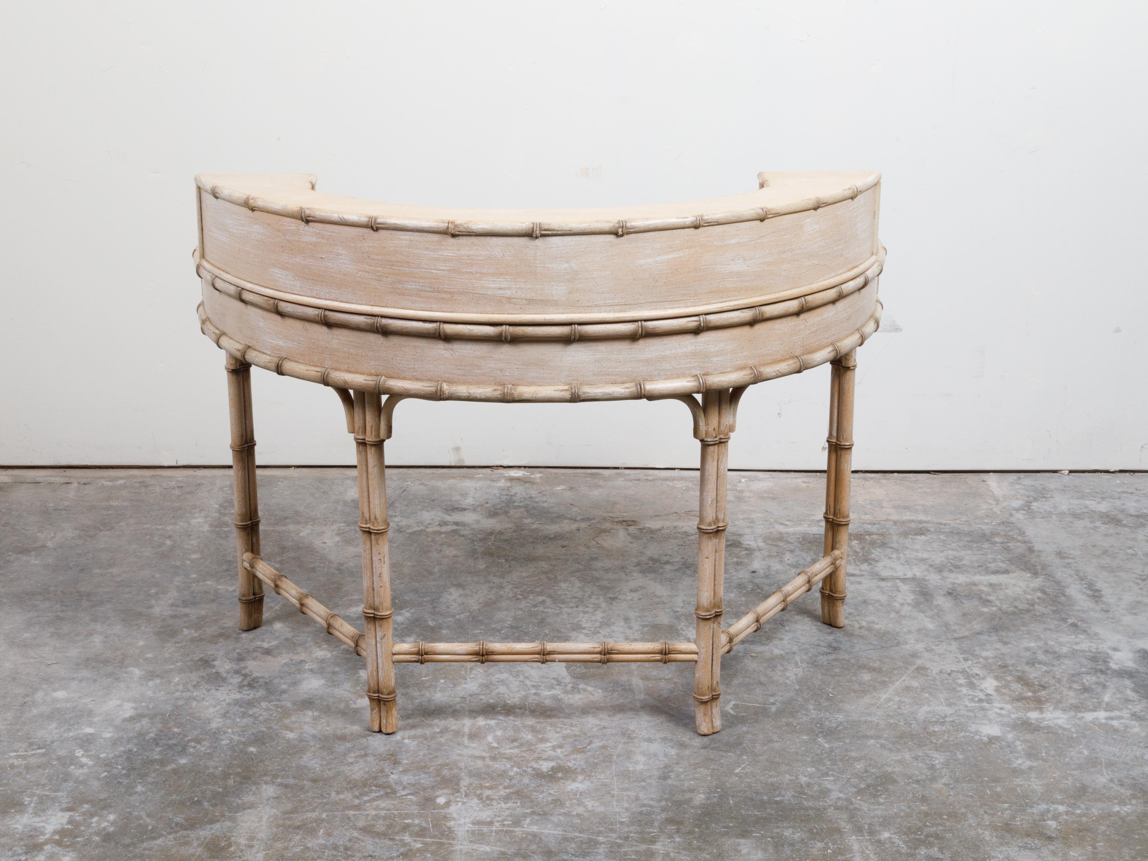 English Mid-Century Faux Bamboo Desk with Vellum Top and Semicircular Shelf 6