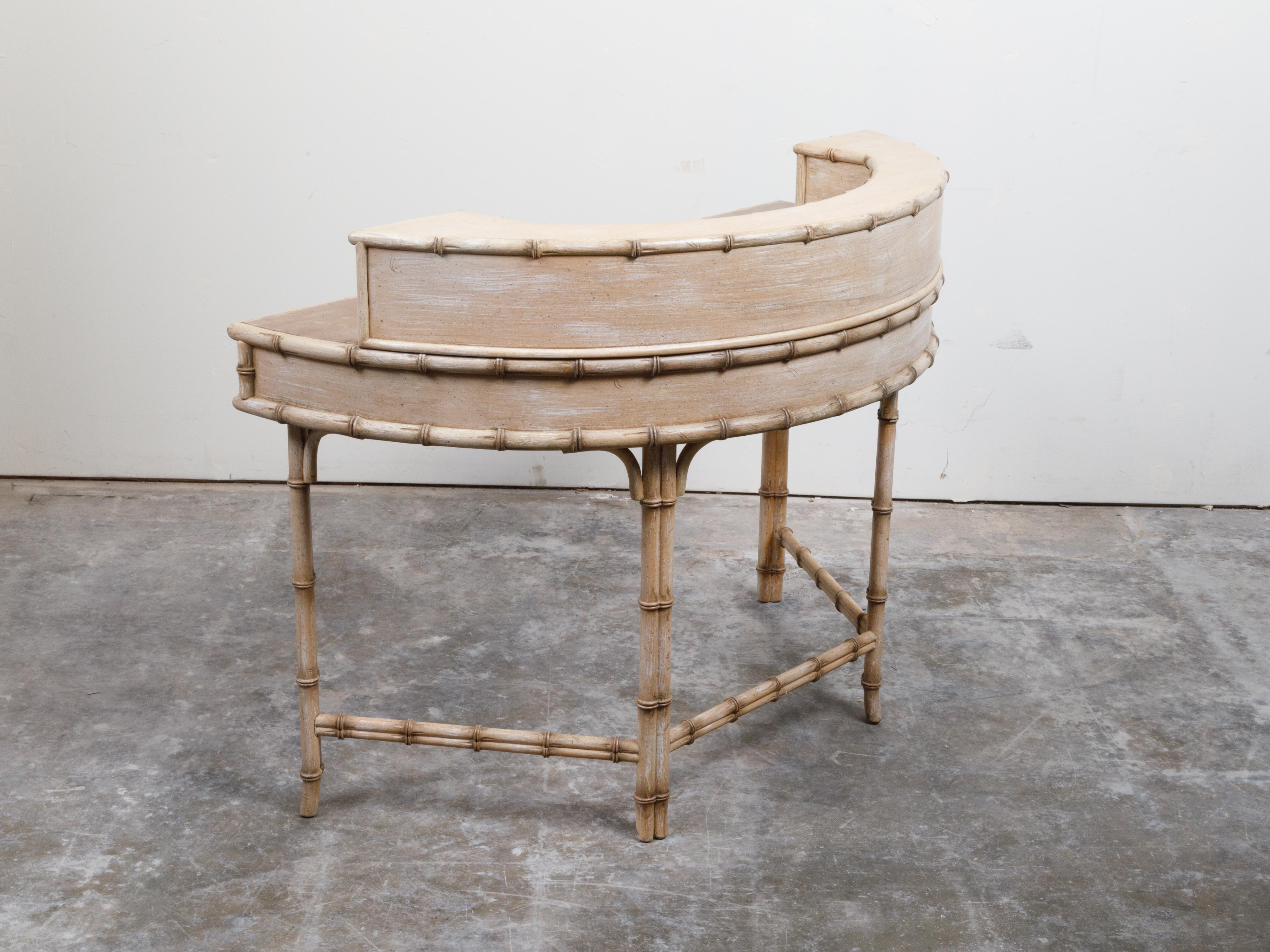 English Mid-Century Faux Bamboo Desk with Vellum Top and Semicircular Shelf 7