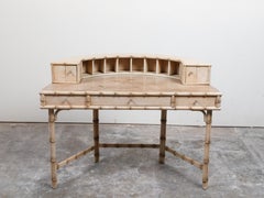 English Mid-Century Faux Bamboo Desk with Vellum Top and Semicircular Shelf