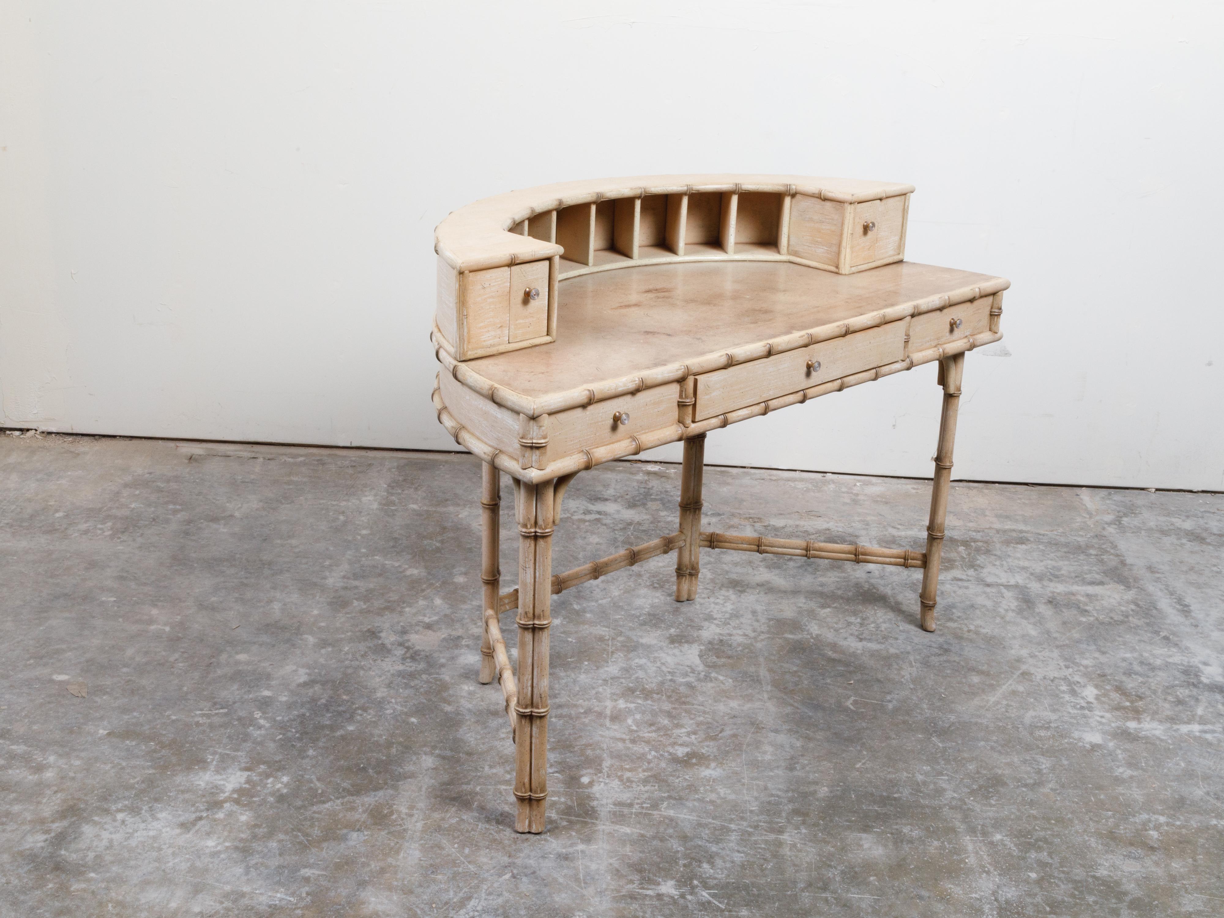 English Mid-Century Faux Bamboo Desk with Vellum Top and Semicircular Shelf 2