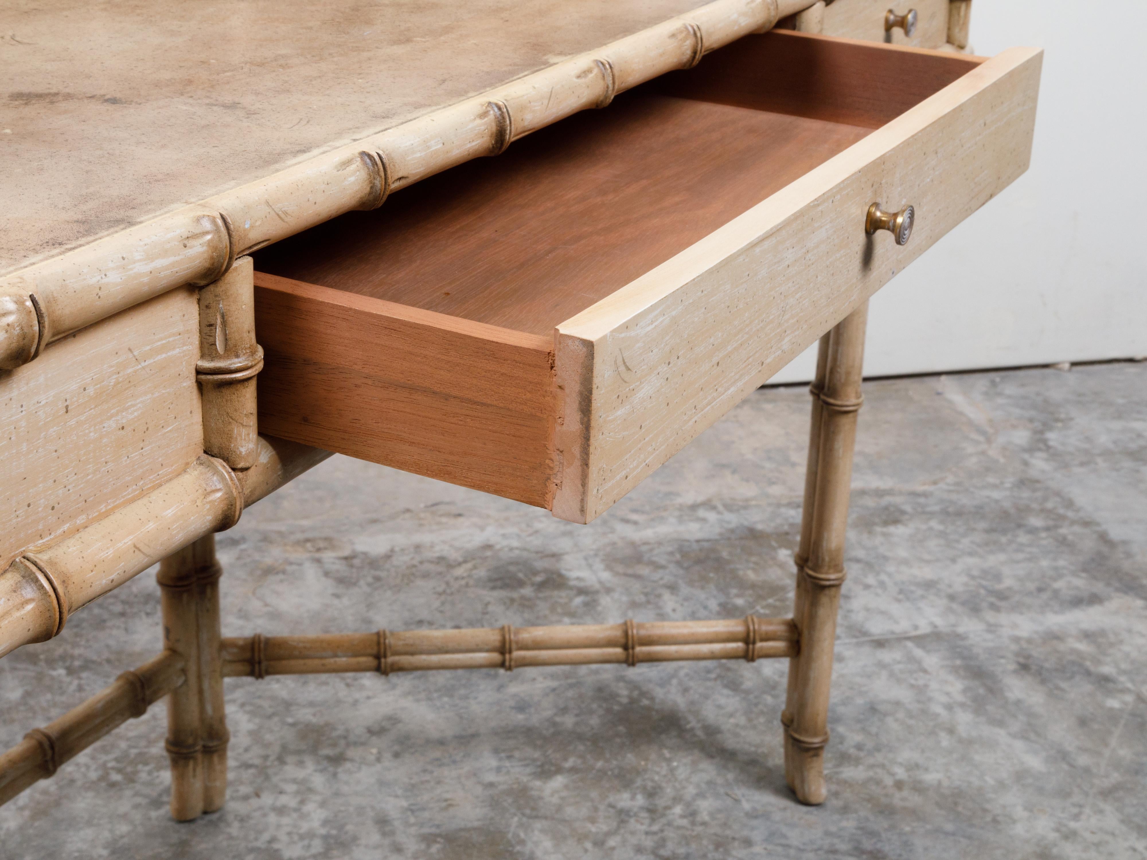 English Mid-Century Faux Bamboo Desk with Vellum Top and Semicircular Shelf 3