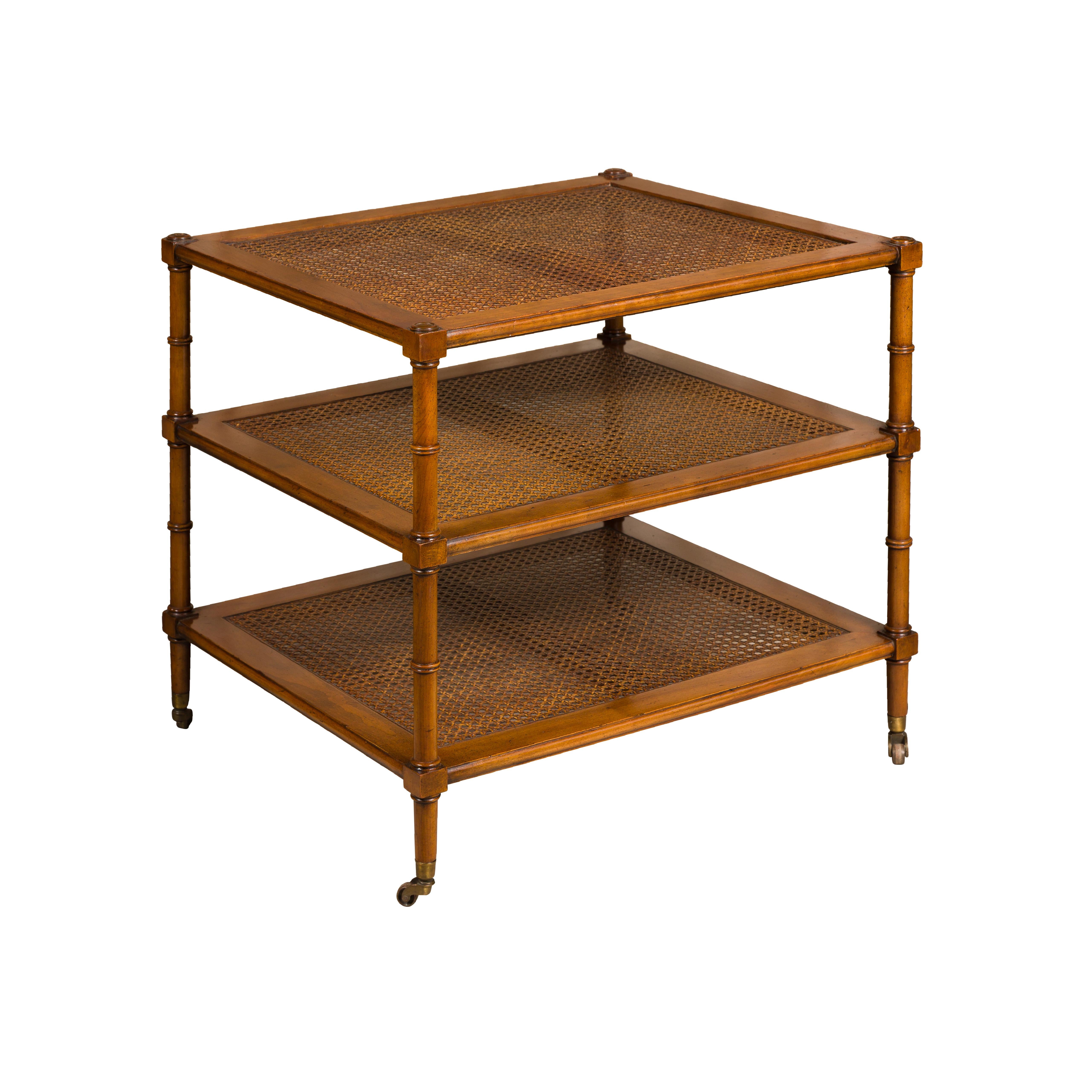 English Midcentury Faux Bamboo Tiered Table on Casters with Three Cane Shelves For Sale 12