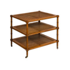 English Midcentury Faux Bamboo Tiered Table on Casters with Three Cane Shelves