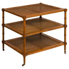 Vintage English Midcentury Faux Bamboo Tiered Table on Casters with Three Cane Shelves