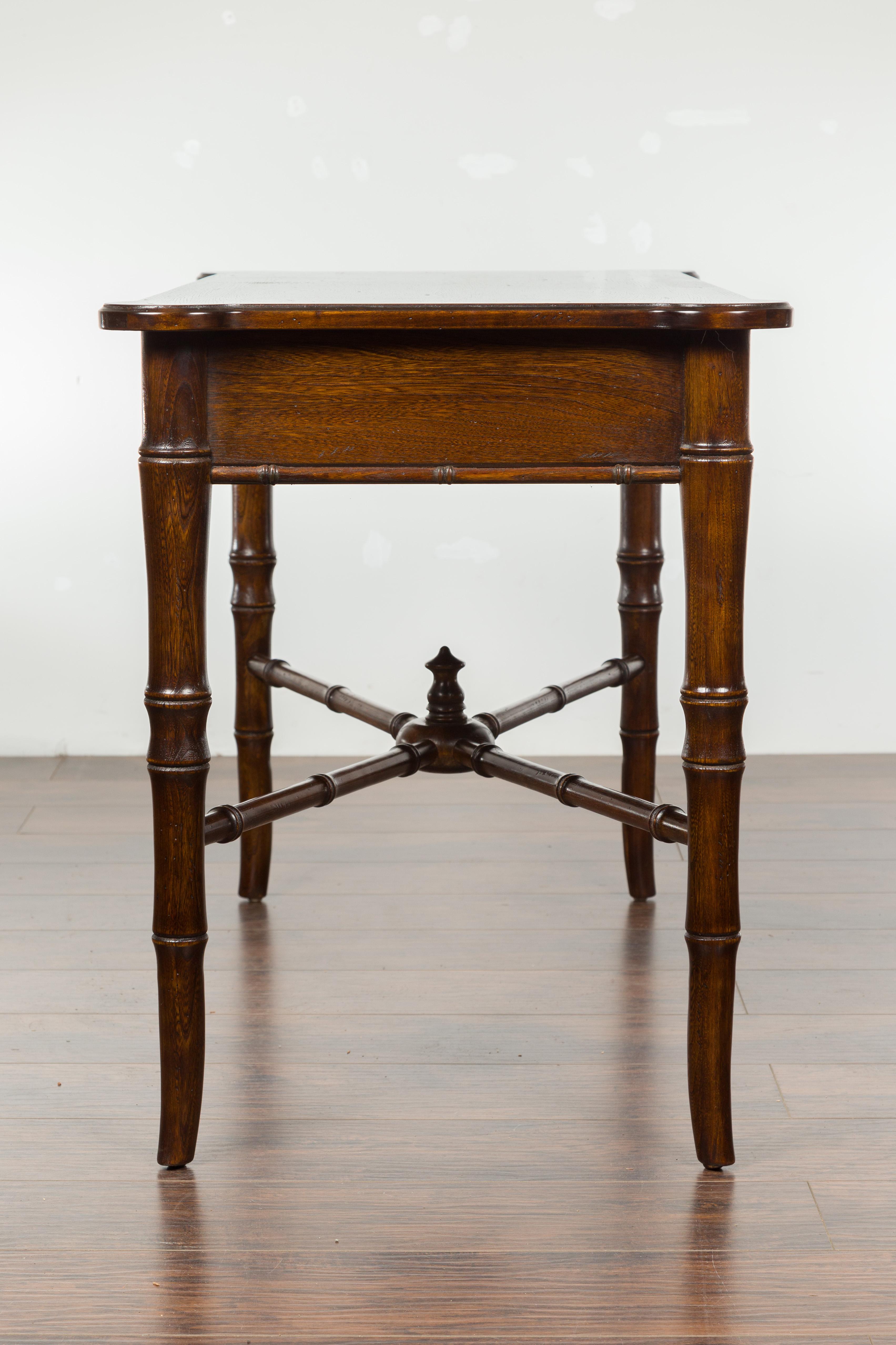 English Midcentury Faux Bamboo Walnut Desk with Two Drawers and Cross Stretcher 9