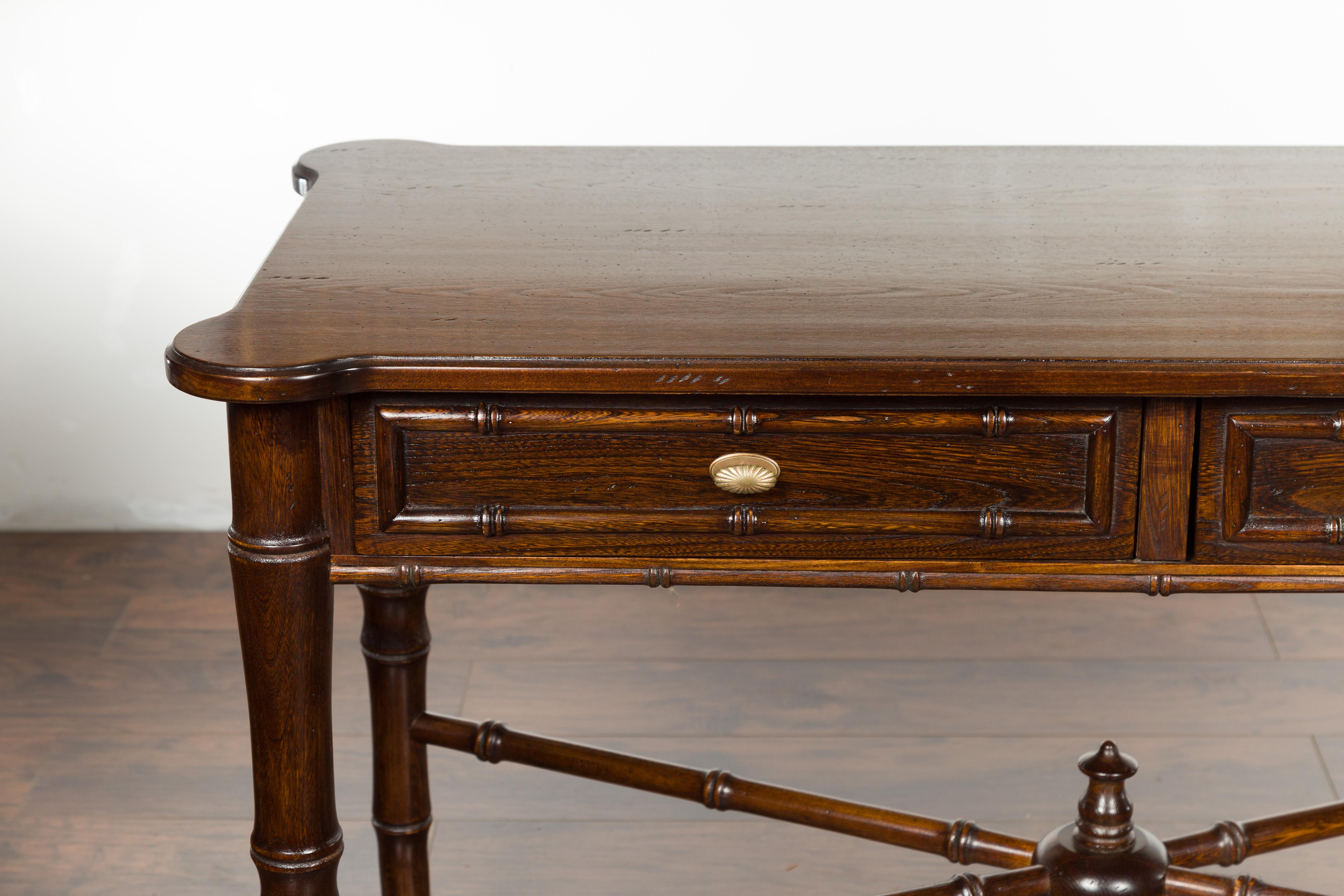 English Midcentury Faux Bamboo Walnut Desk with Two Drawers and Cross Stretcher In Good Condition In Atlanta, GA