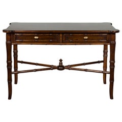 English Midcentury Faux Bamboo Walnut Desk with Two Drawers and Cross Stretcher