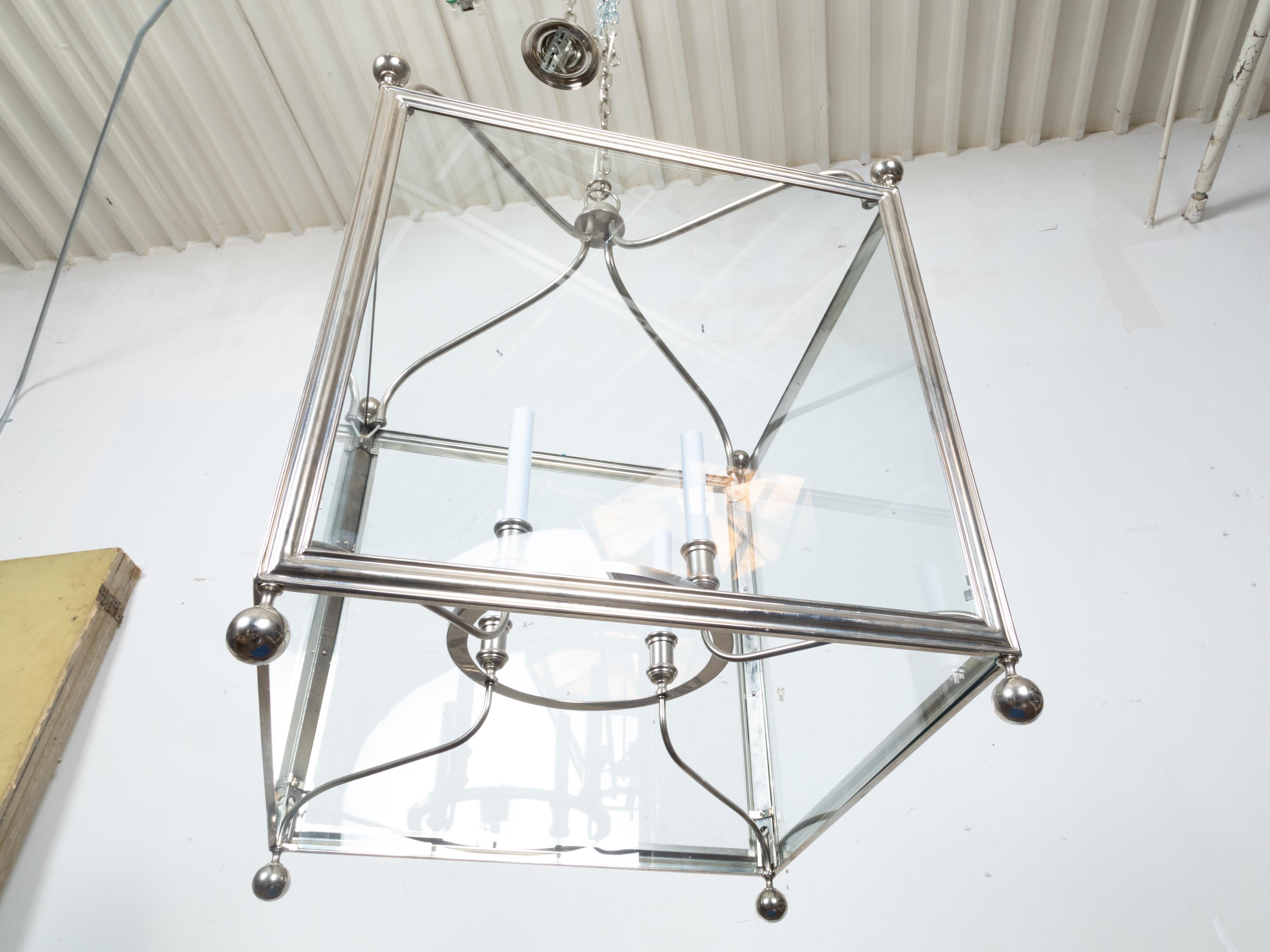 English Midcentury Four-Light Lantern with Silver Color and Petite Spheres For Sale 5