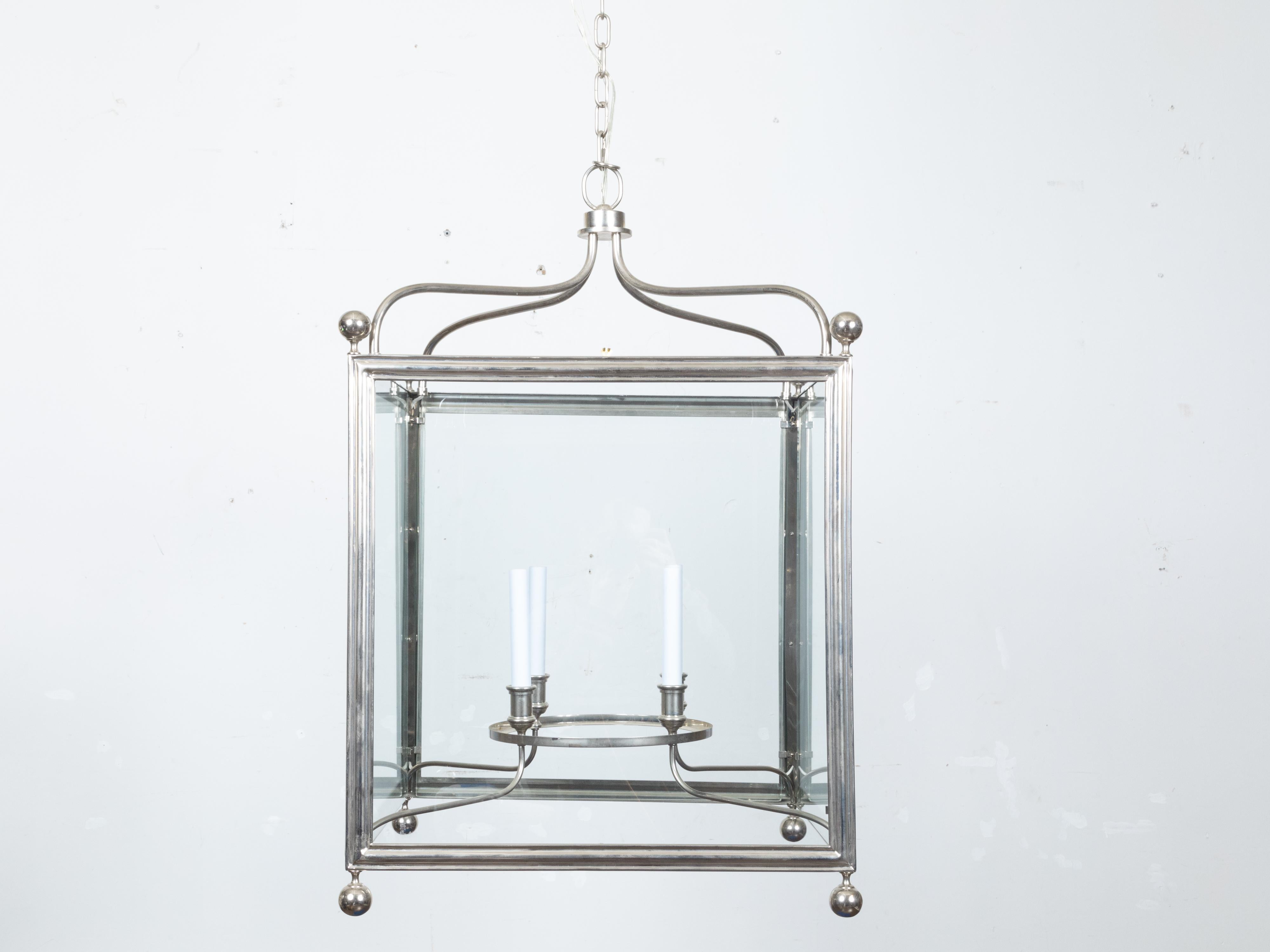 Mid-Century Modern English Midcentury Four-Light Lantern with Silver Color and Petite Spheres For Sale