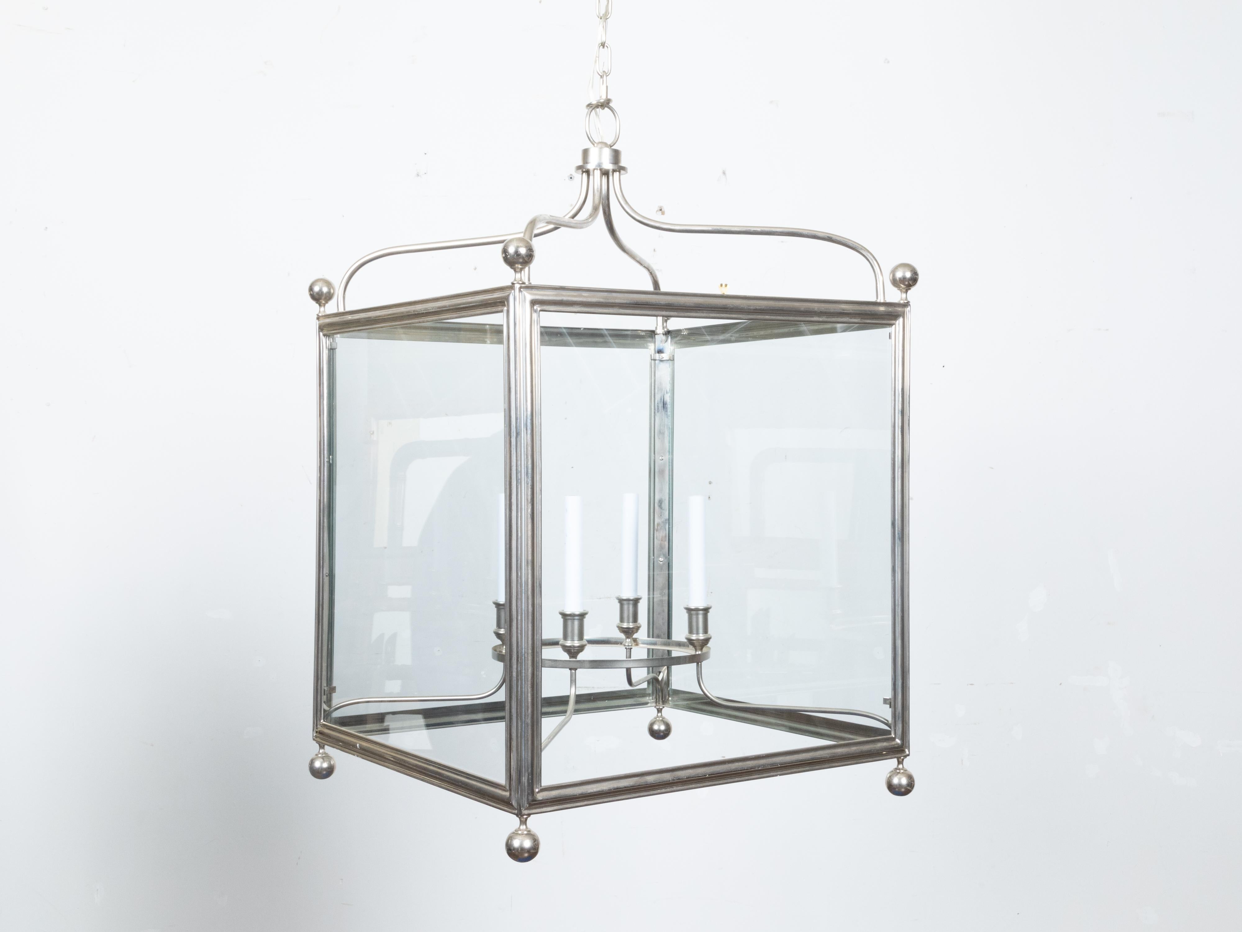 English Midcentury Four-Light Lantern with Silver Color and Petite Spheres In Good Condition For Sale In Atlanta, GA