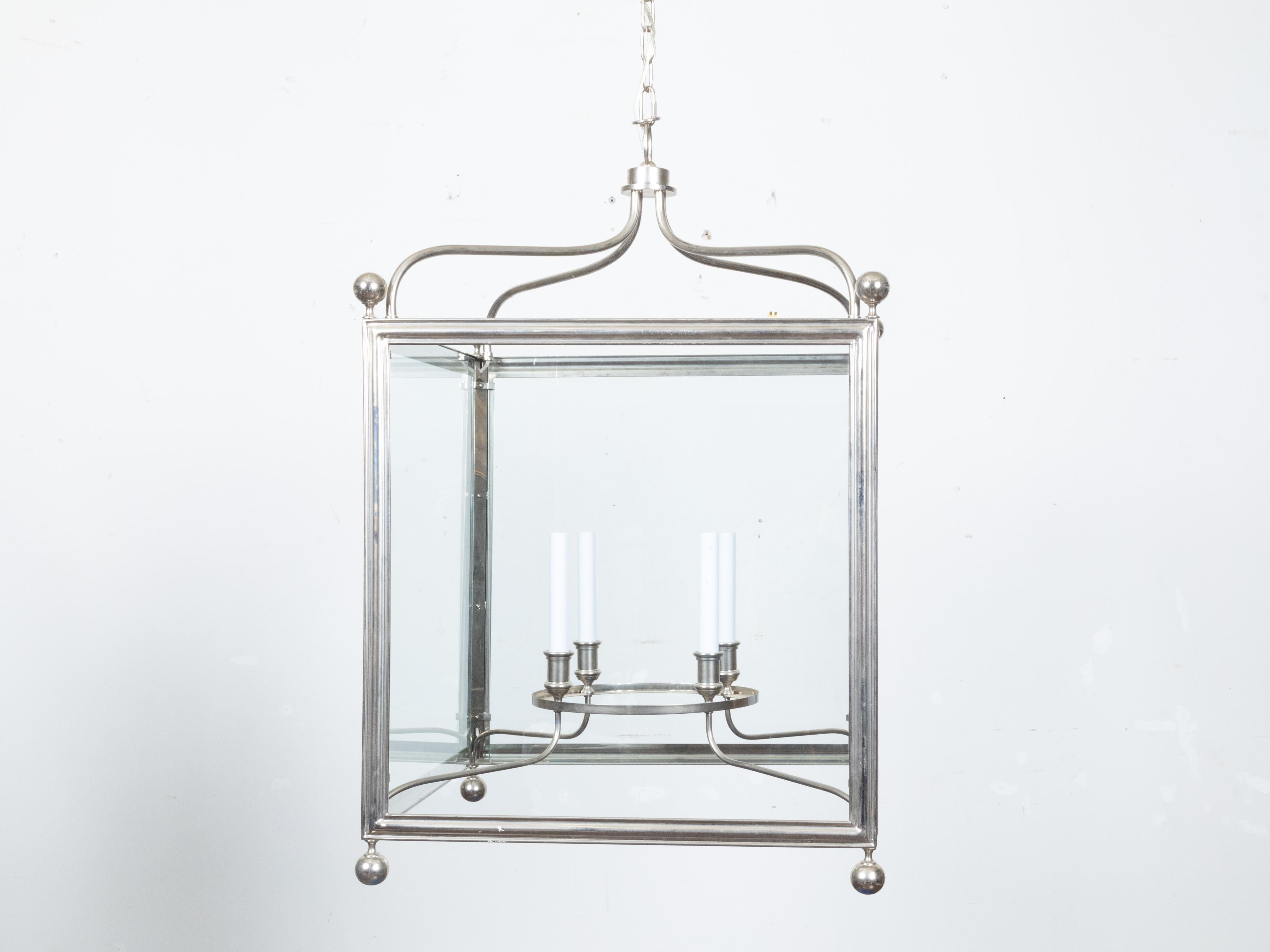 20th Century English Midcentury Four-Light Lantern with Silver Color and Petite Spheres For Sale