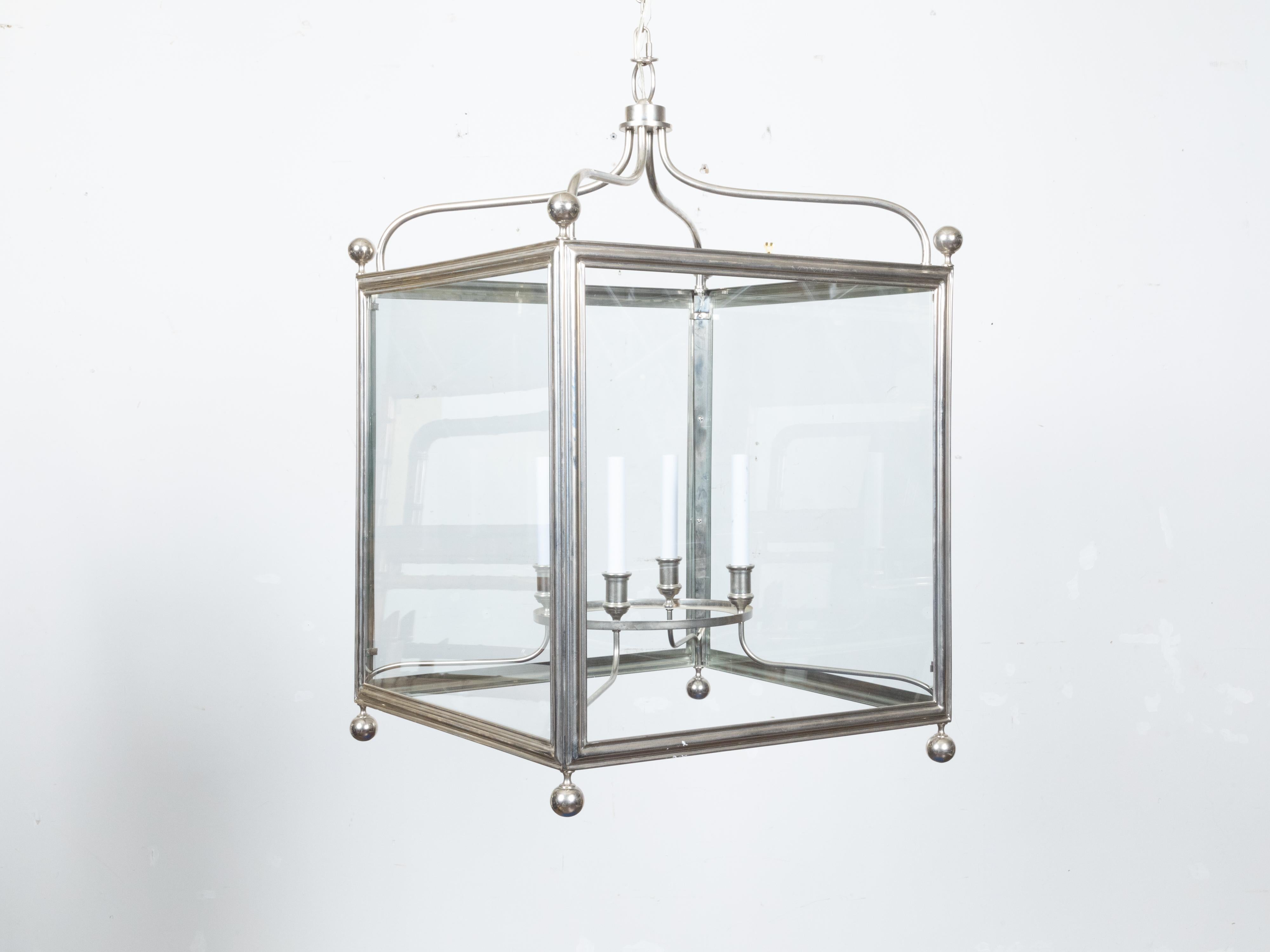 Metal English Midcentury Four-Light Lantern with Silver Color and Petite Spheres For Sale