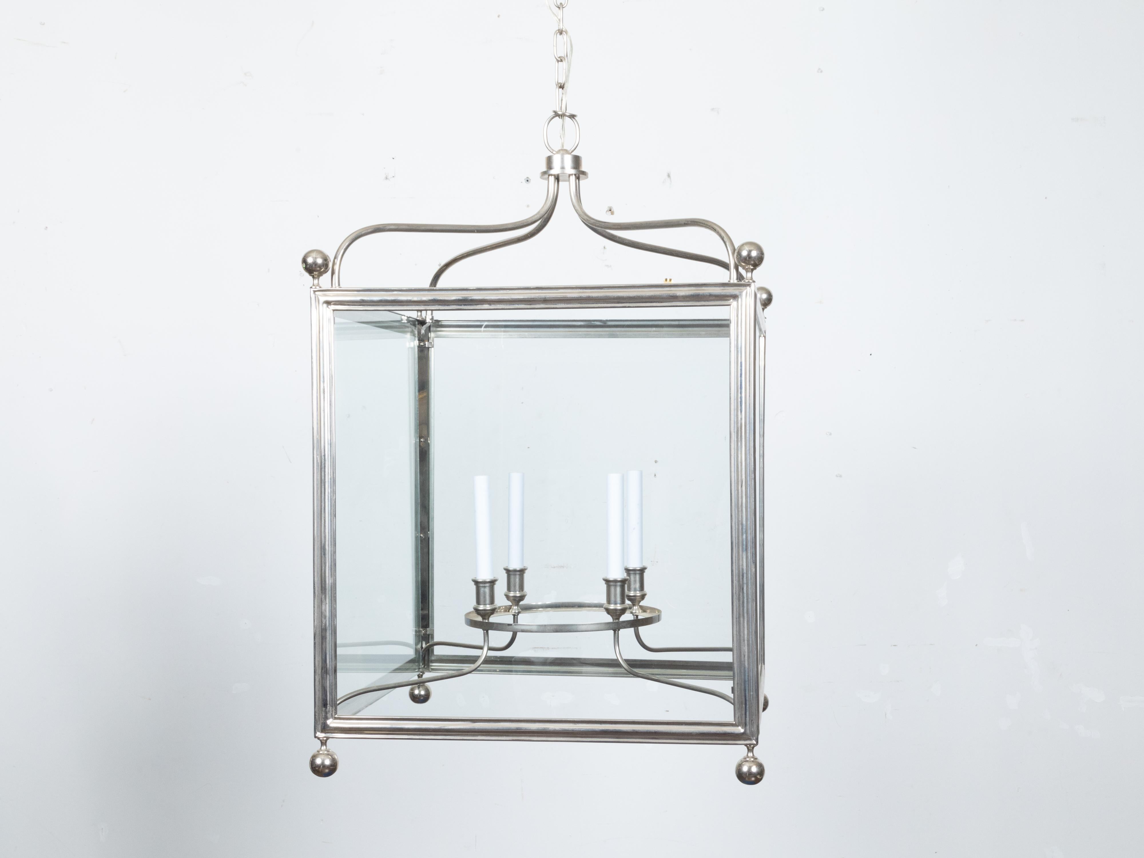 English Midcentury Four-Light Lantern with Silver Color and Petite Spheres For Sale 1