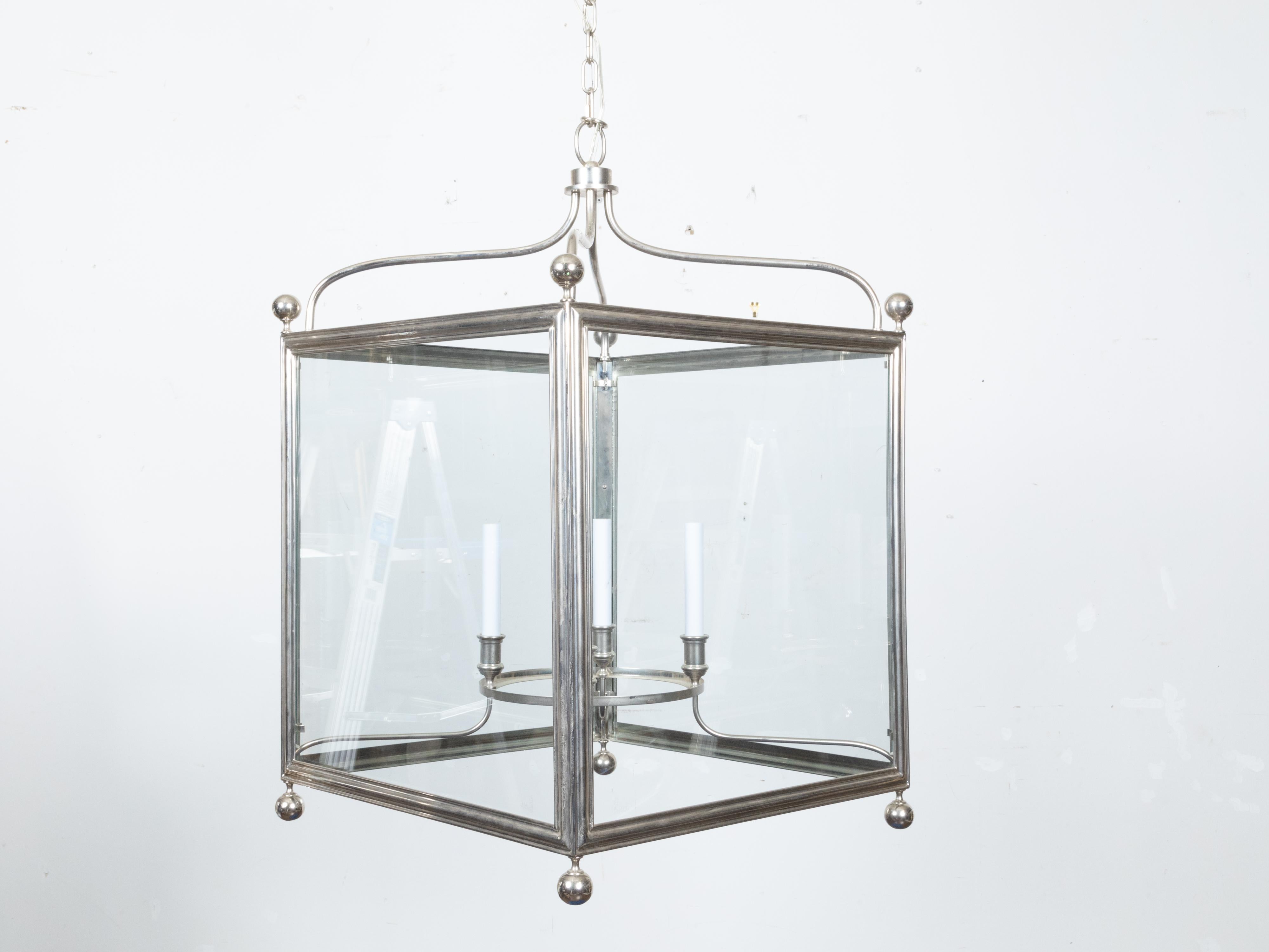 English Midcentury Four-Light Lantern with Silver Color and Petite Spheres For Sale 2