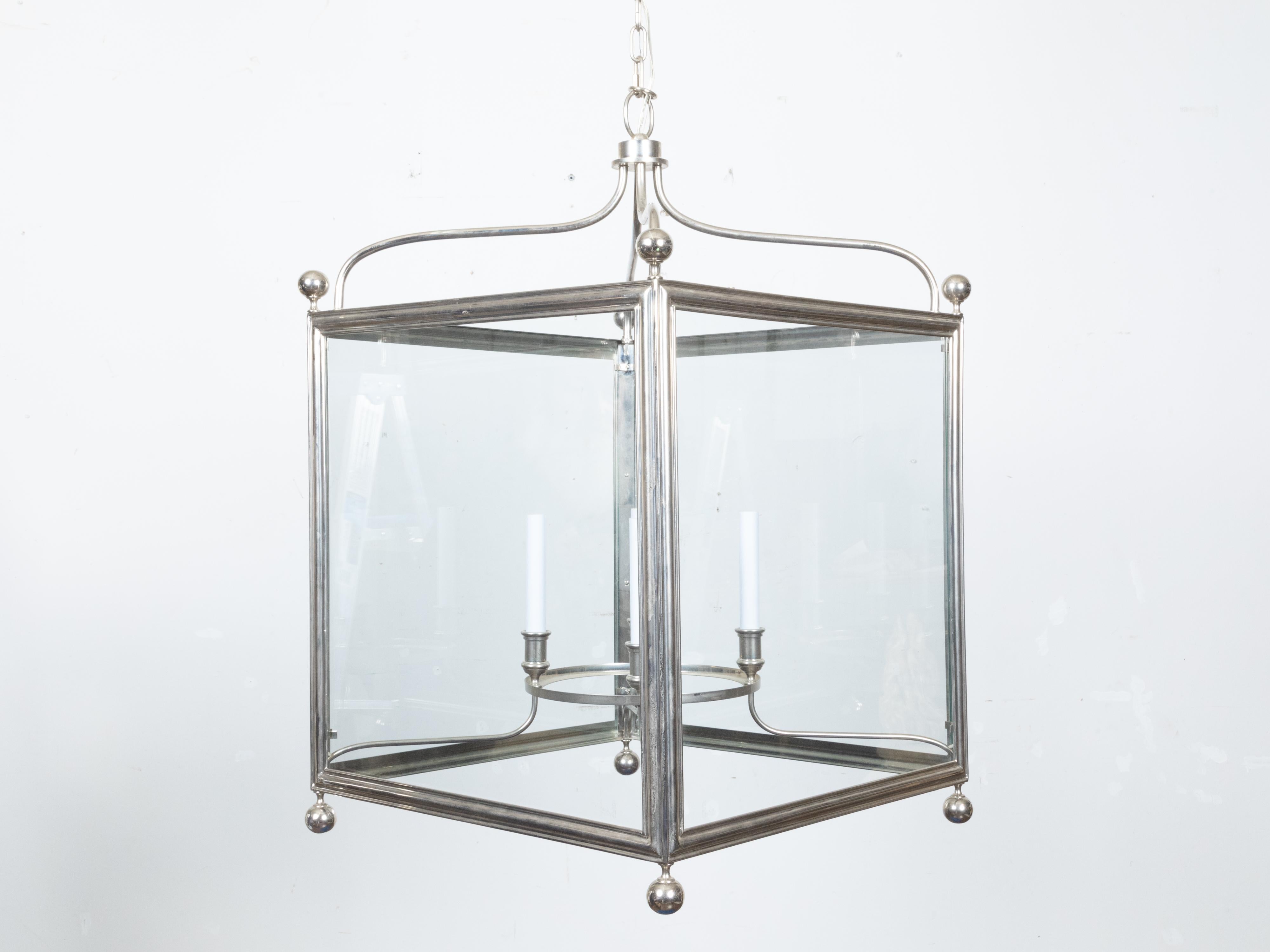 English Midcentury Four-Light Lantern with Silver Color and Petite Spheres For Sale 3