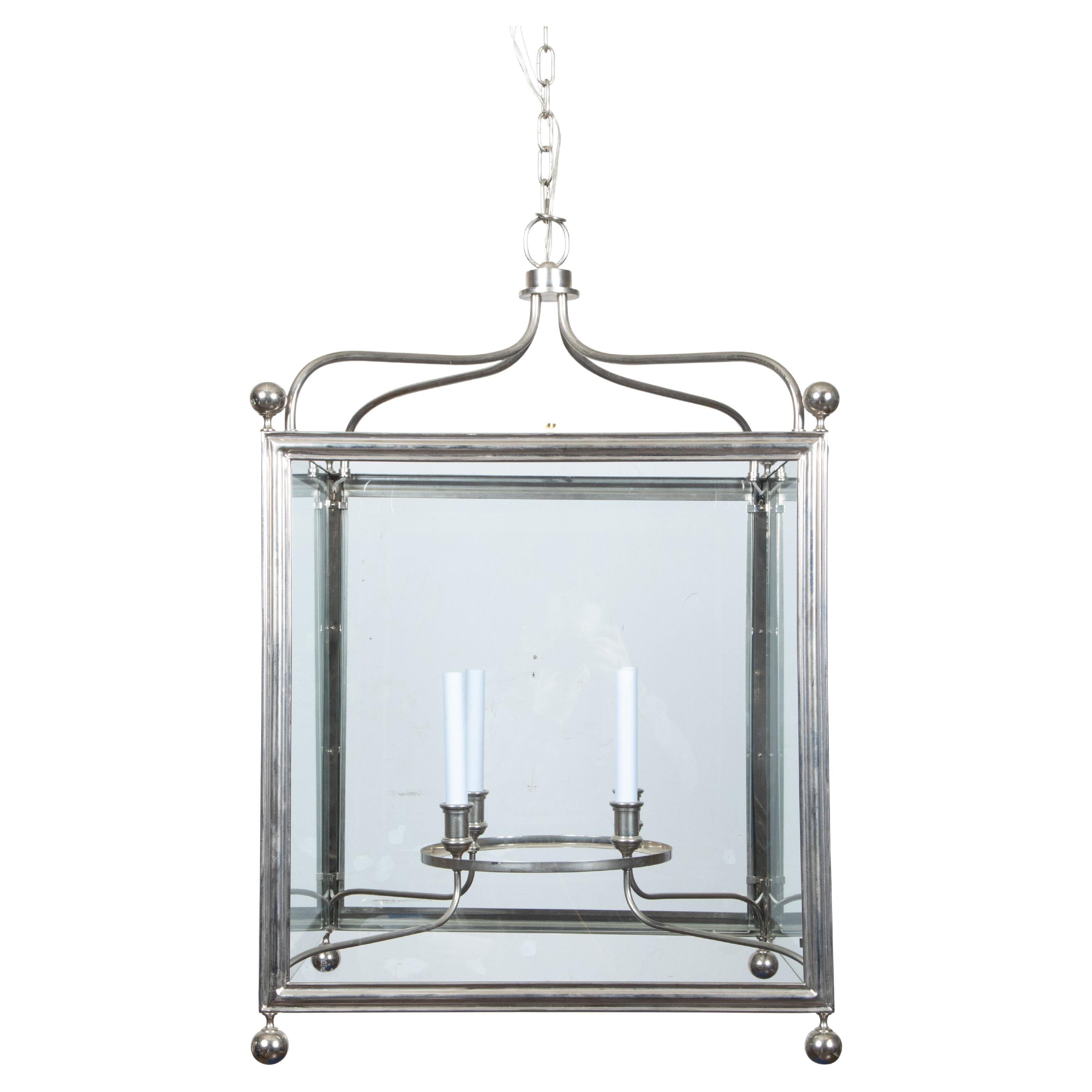 English Midcentury Four-Light Lantern with Silver Color and Petite Spheres For Sale