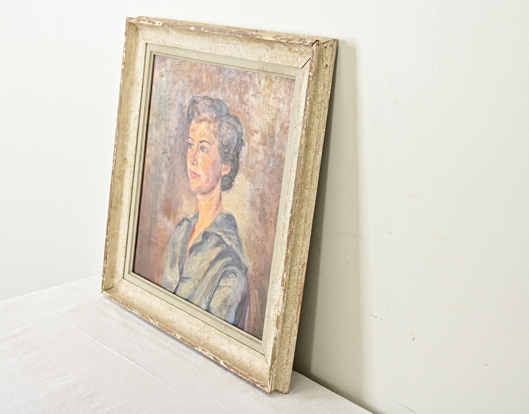 Canvas English Midcentury Framed Portrait of a Lady For Sale