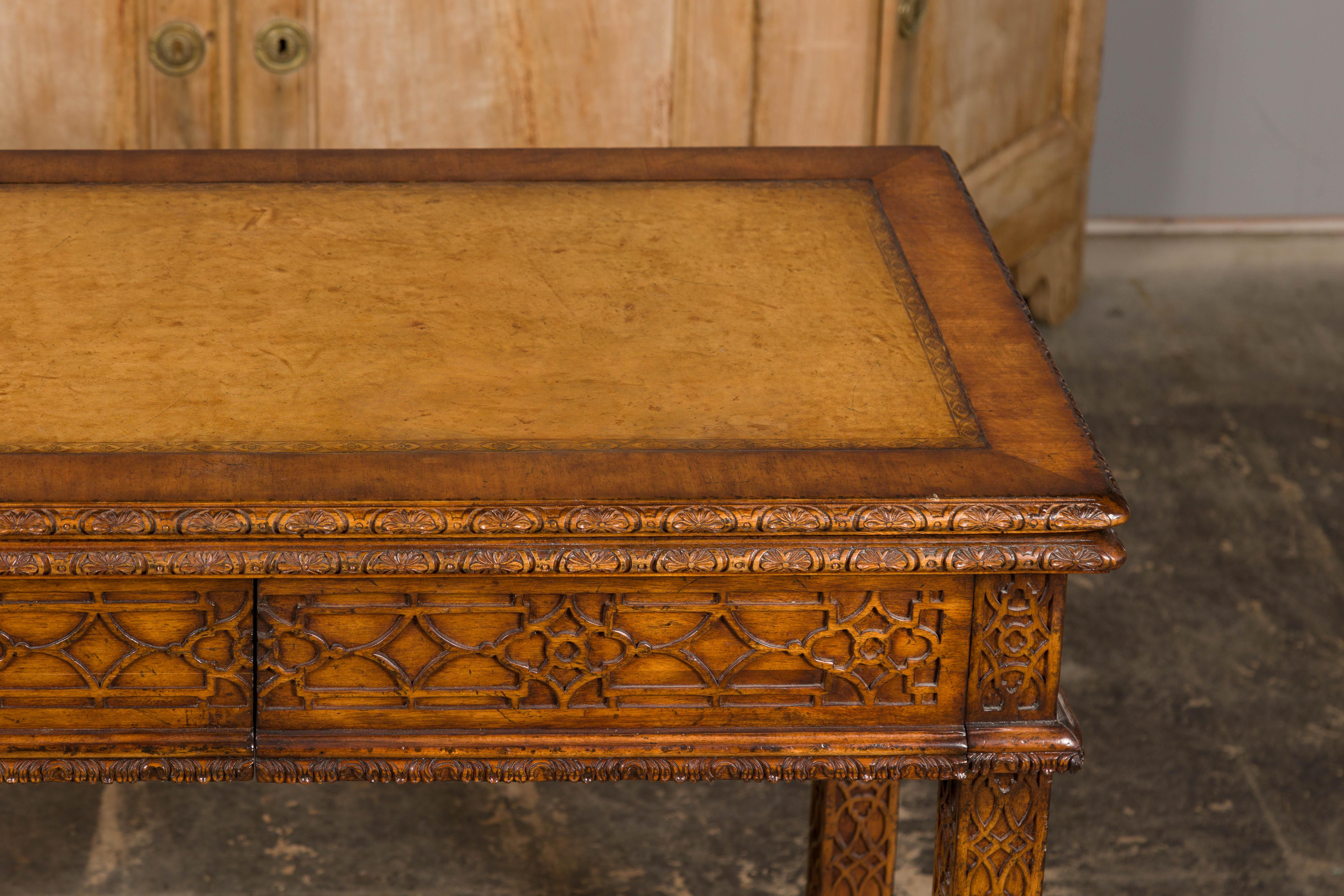 English Midcentury Game Table with Leather Top and Abundant Carved Décor For Sale 6