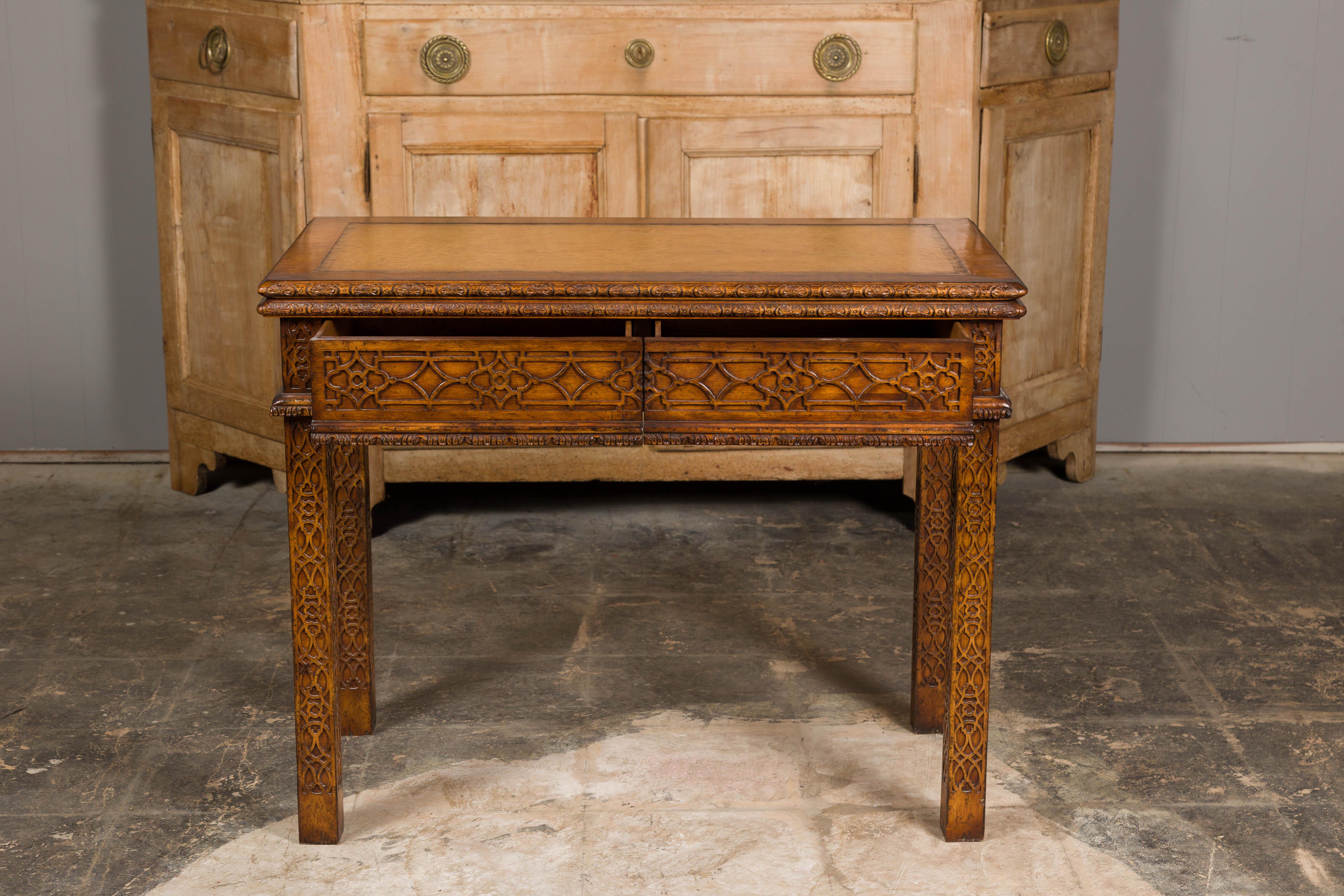 English Midcentury Game Table with Leather Top and Abundant Carved Décor For Sale 8