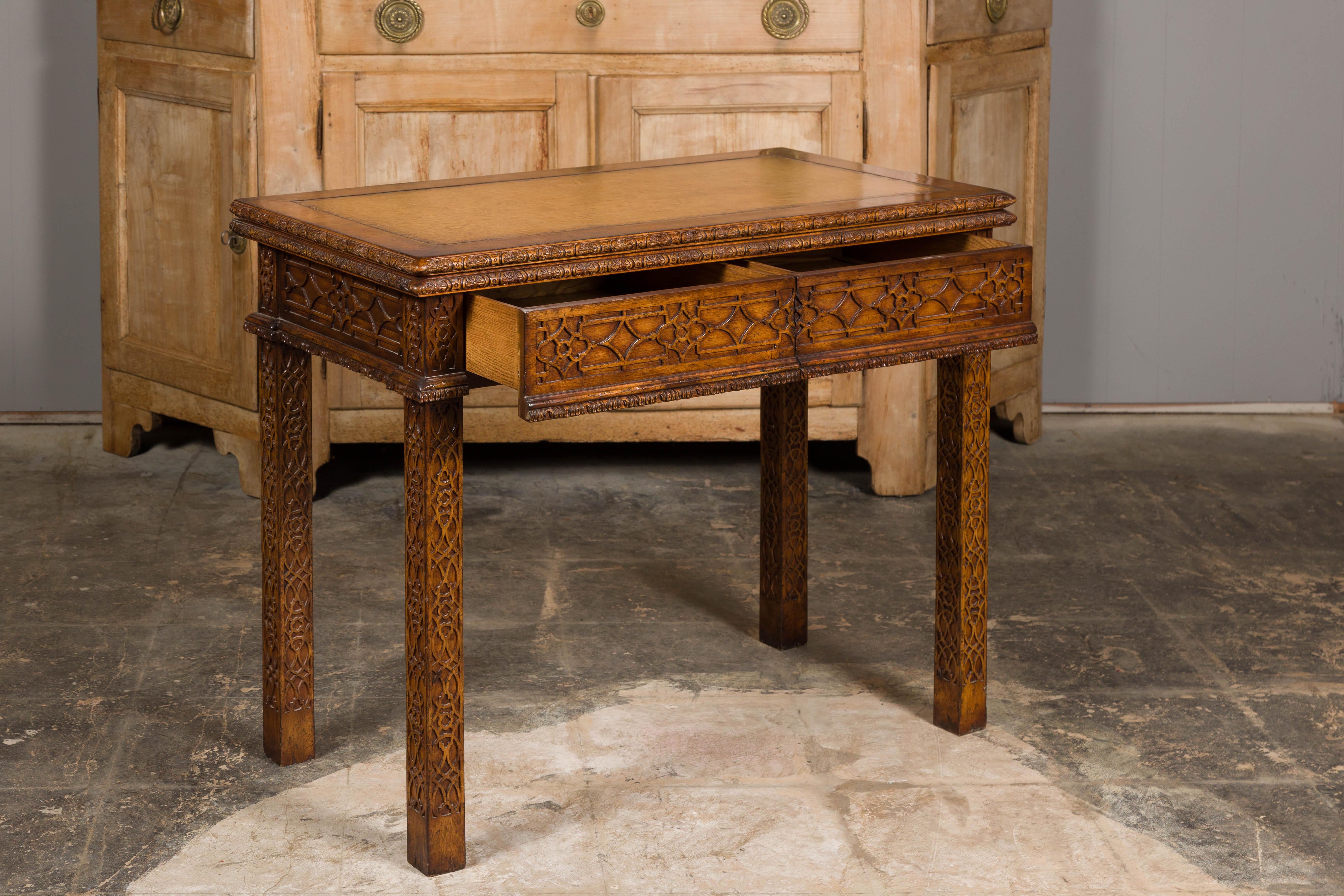 English Midcentury Game Table with Leather Top and Abundant Carved Décor For Sale 9