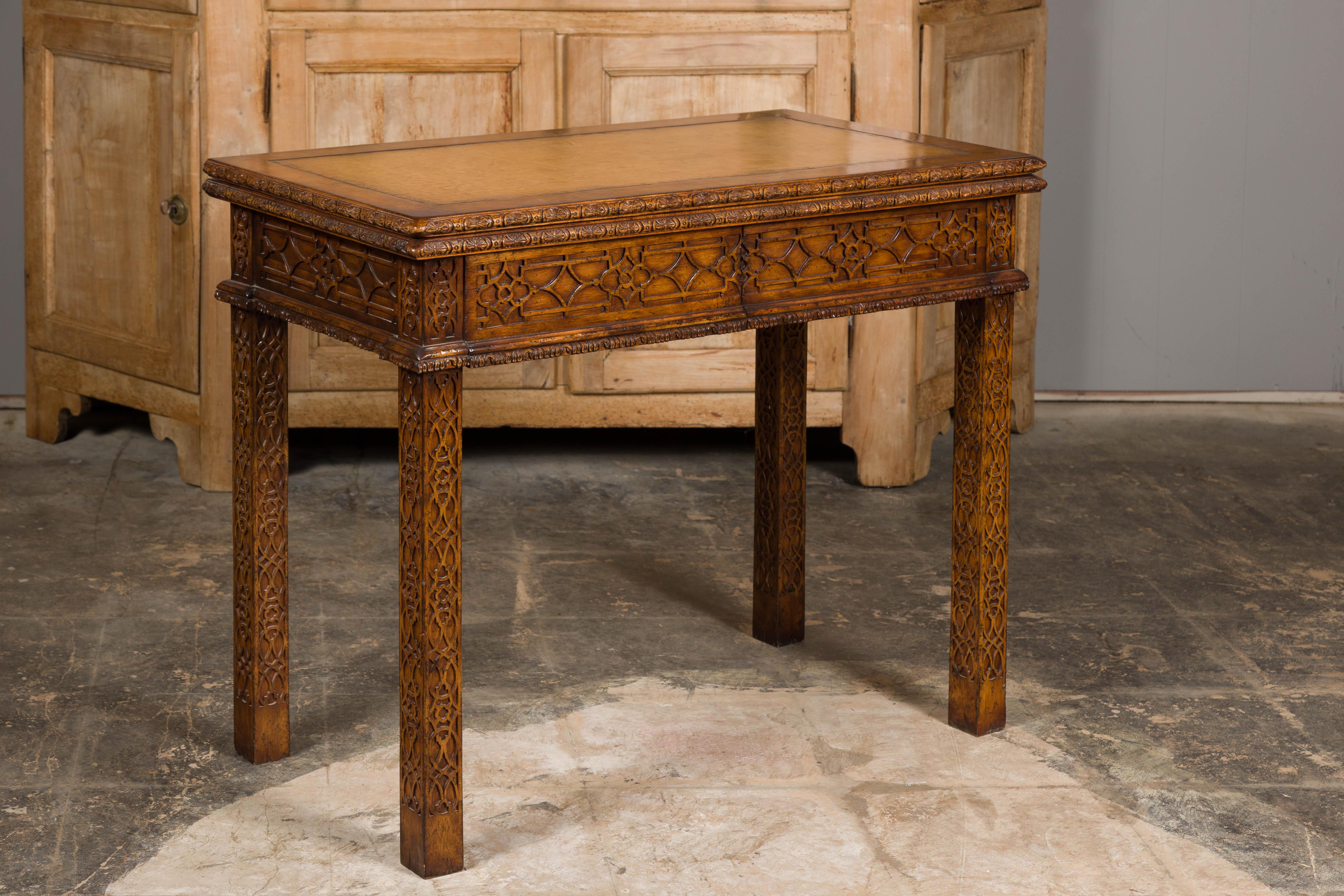 English Midcentury Game Table with Leather Top and Abundant Carved Décor For Sale 10