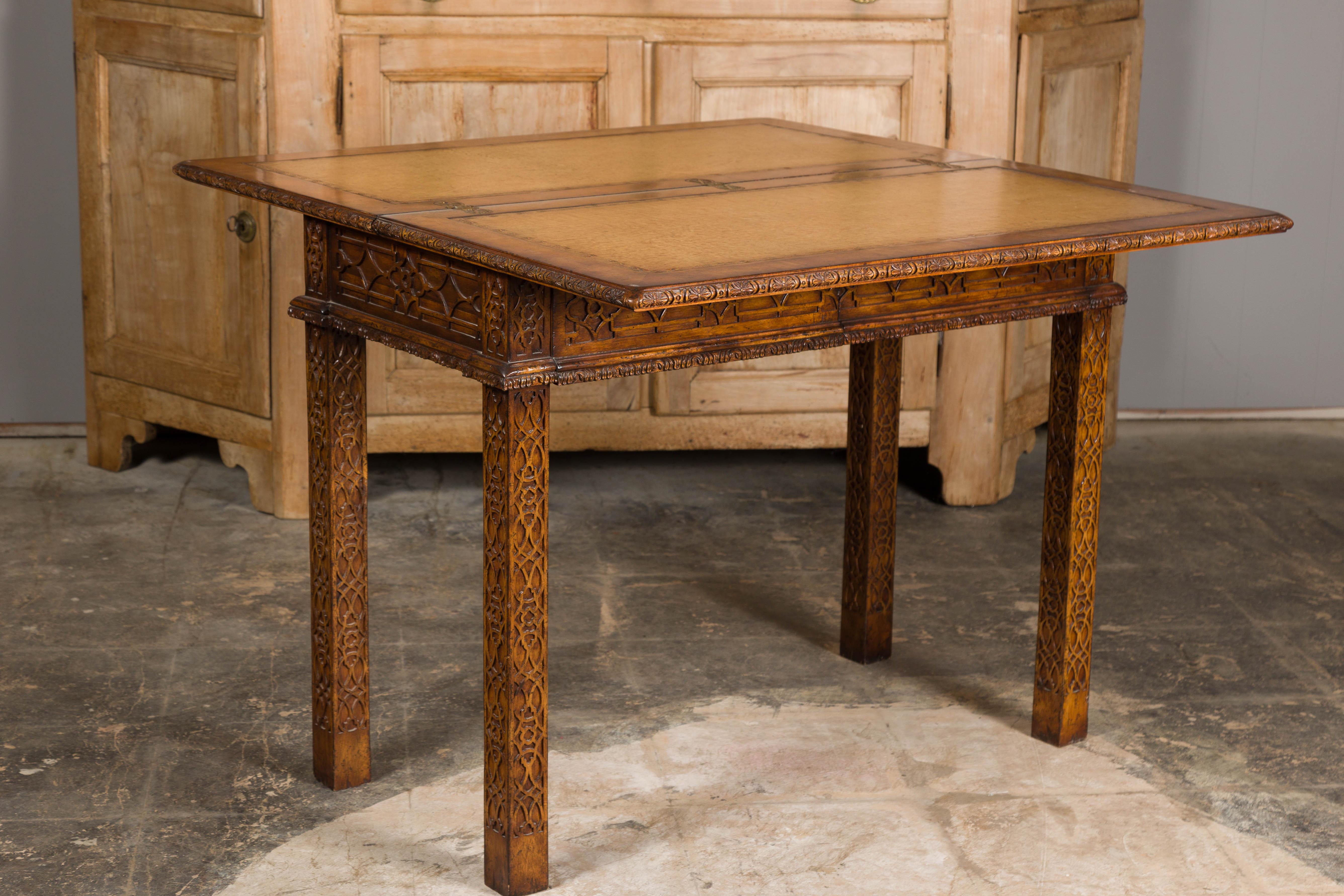 English Midcentury Game Table with Leather Top and Abundant Carved Décor For Sale 11