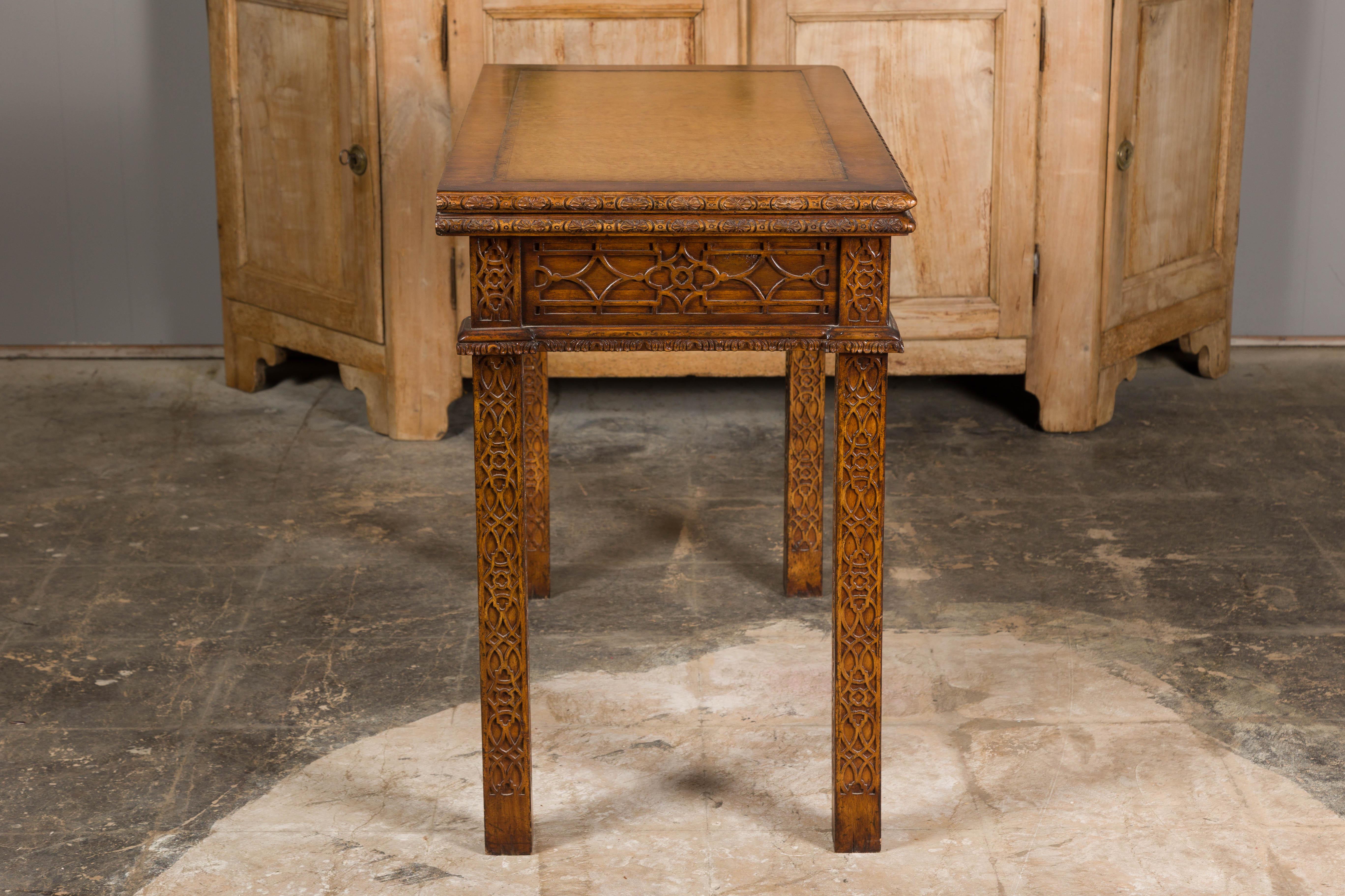 English Midcentury Game Table with Leather Top and Abundant Carved Décor For Sale 12