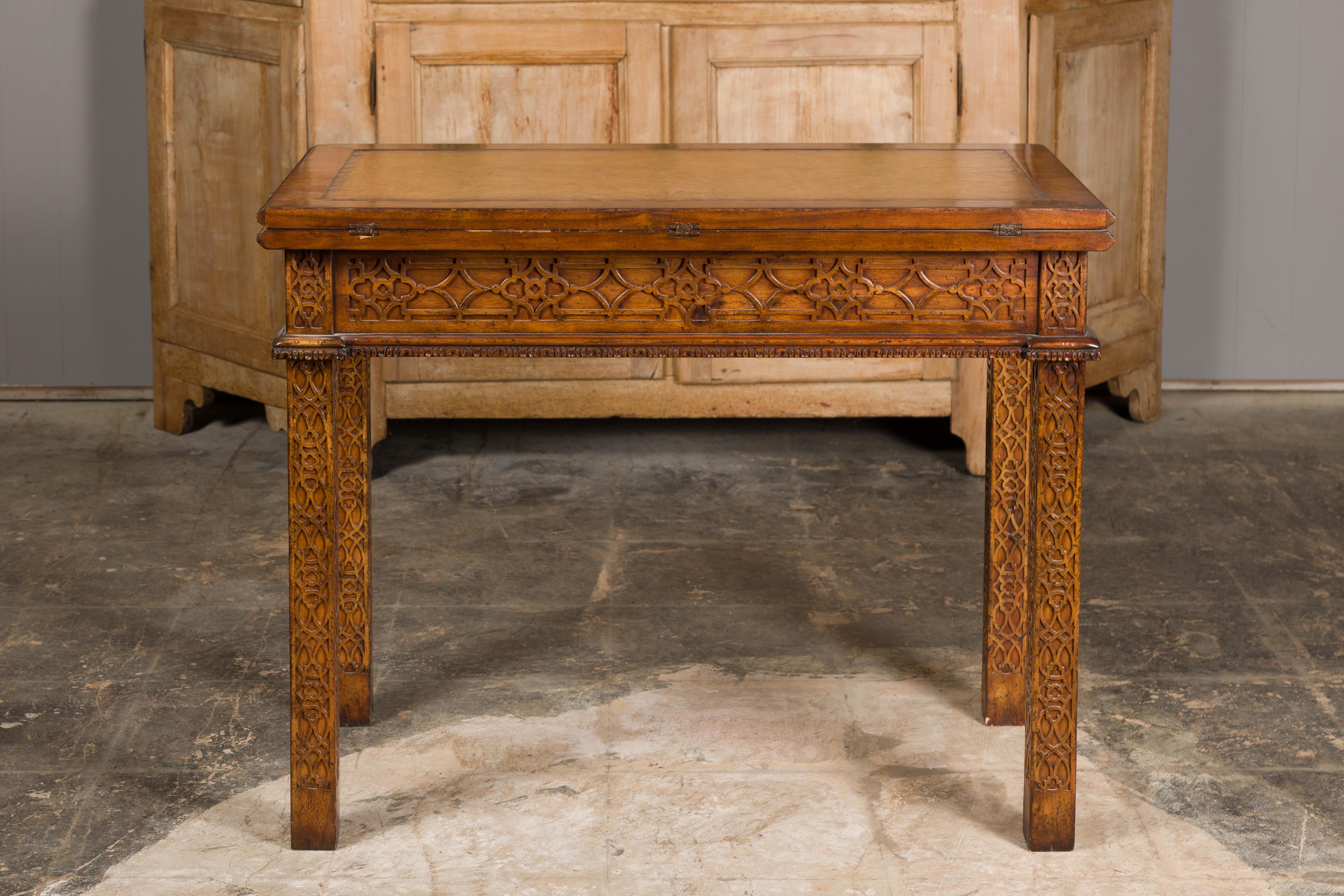 English Midcentury Game Table with Leather Top and Abundant Carved Décor For Sale 13