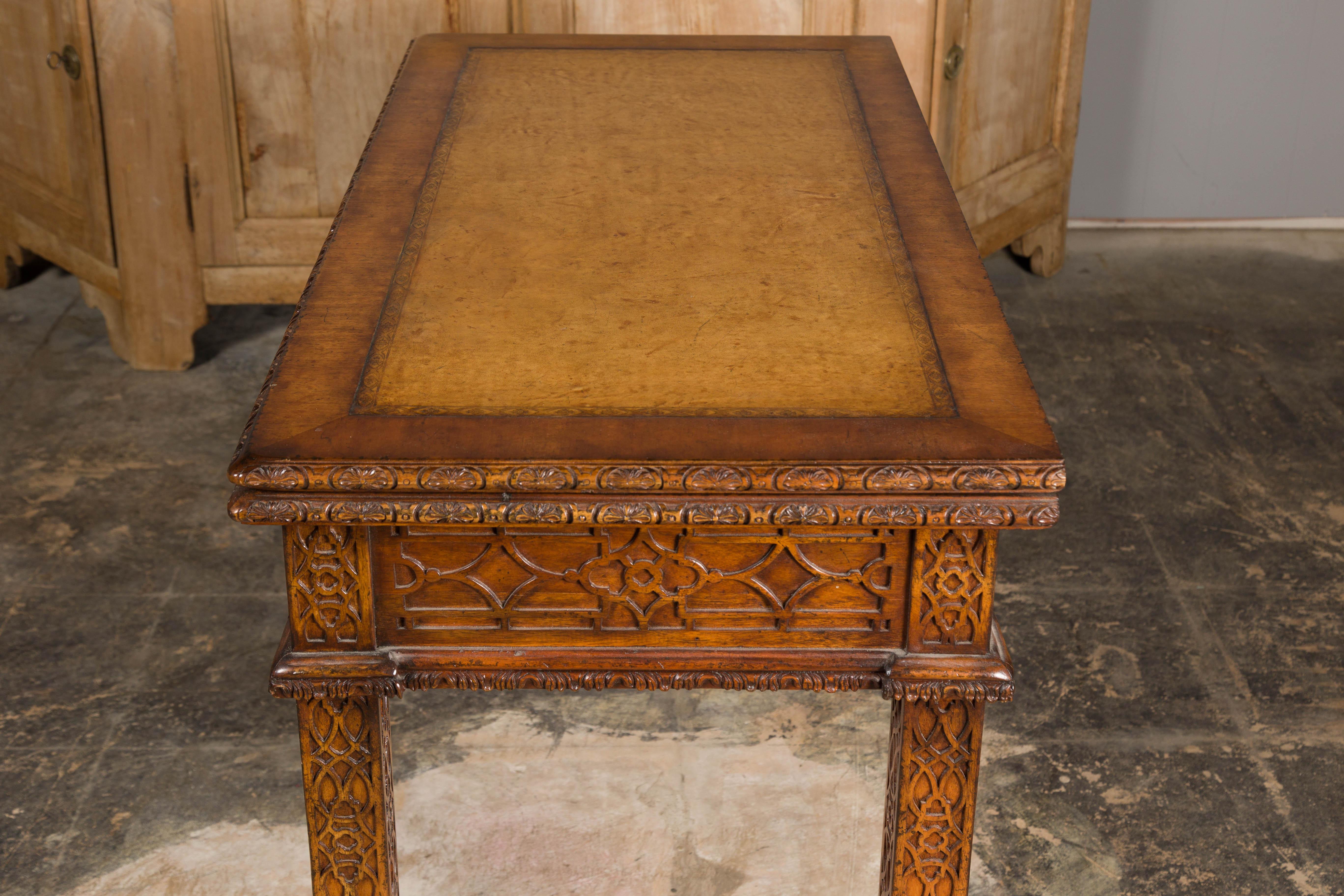 English Midcentury Game Table with Leather Top and Abundant Carved Décor For Sale 15