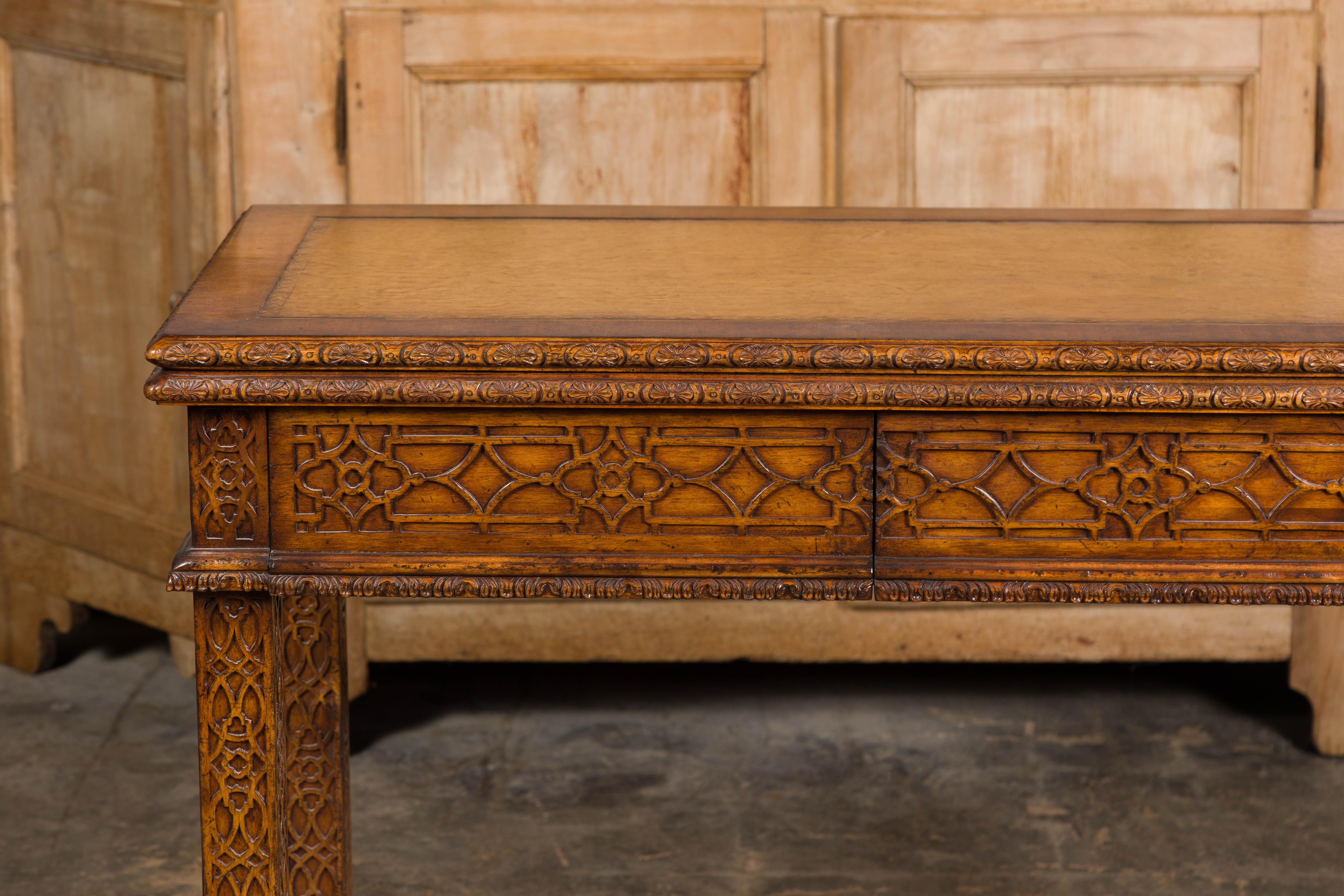 20th Century English Midcentury Game Table with Leather Top and Abundant Carved Décor For Sale