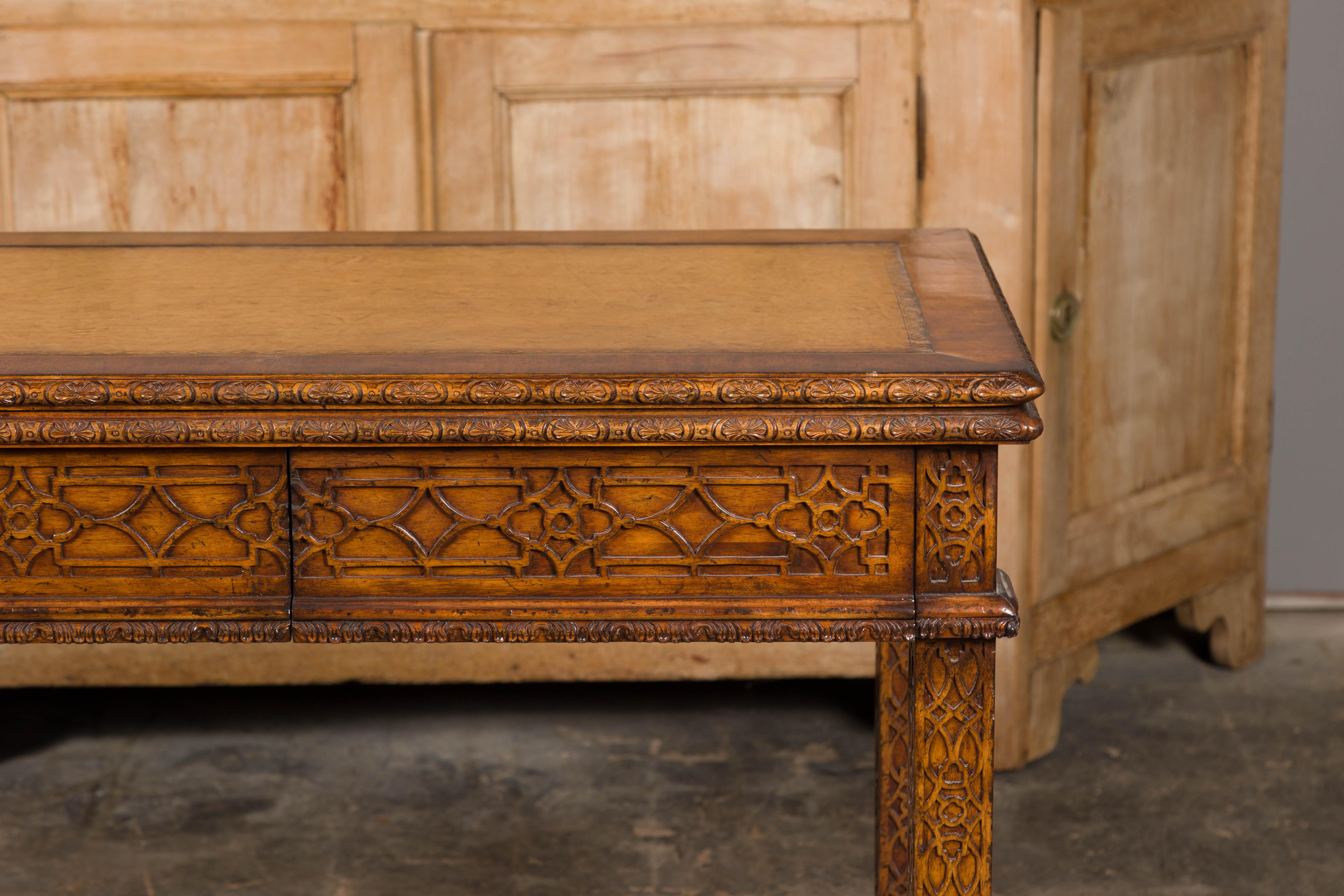 English Midcentury Game Table with Leather Top and Abundant Carved Décor For Sale 1