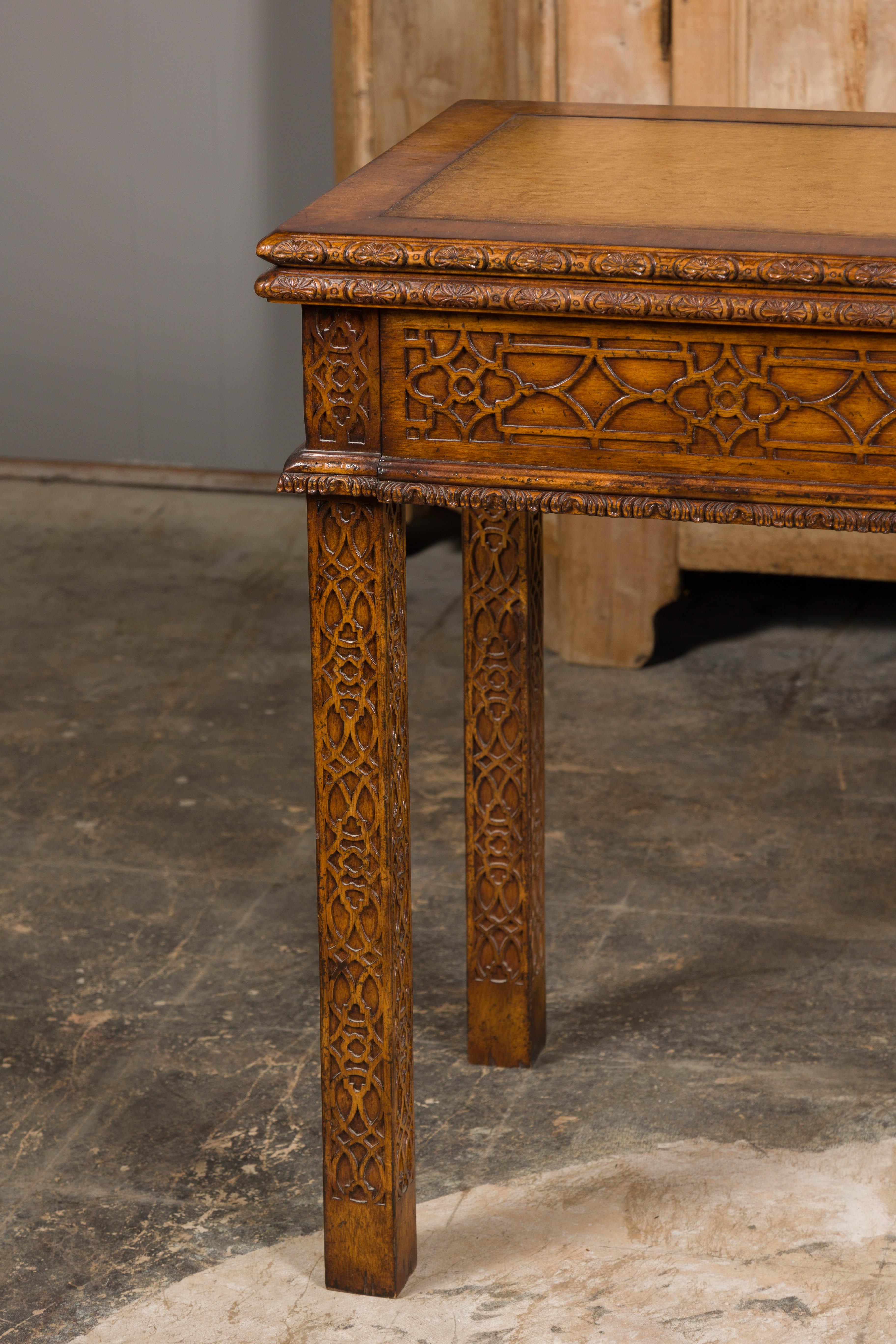 English Midcentury Game Table with Leather Top and Abundant Carved Décor For Sale 2