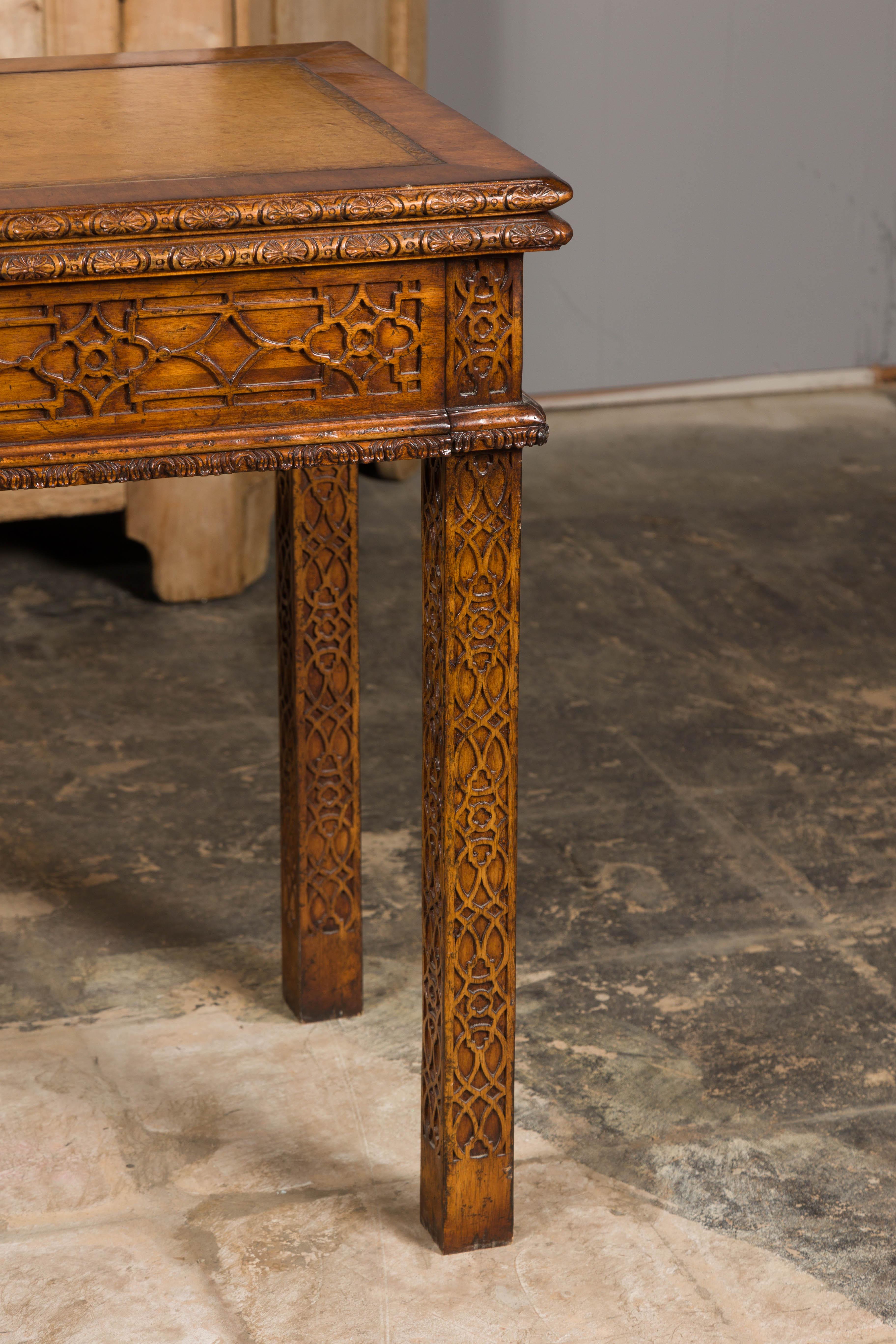 English Midcentury Game Table with Leather Top and Abundant Carved Décor For Sale 3