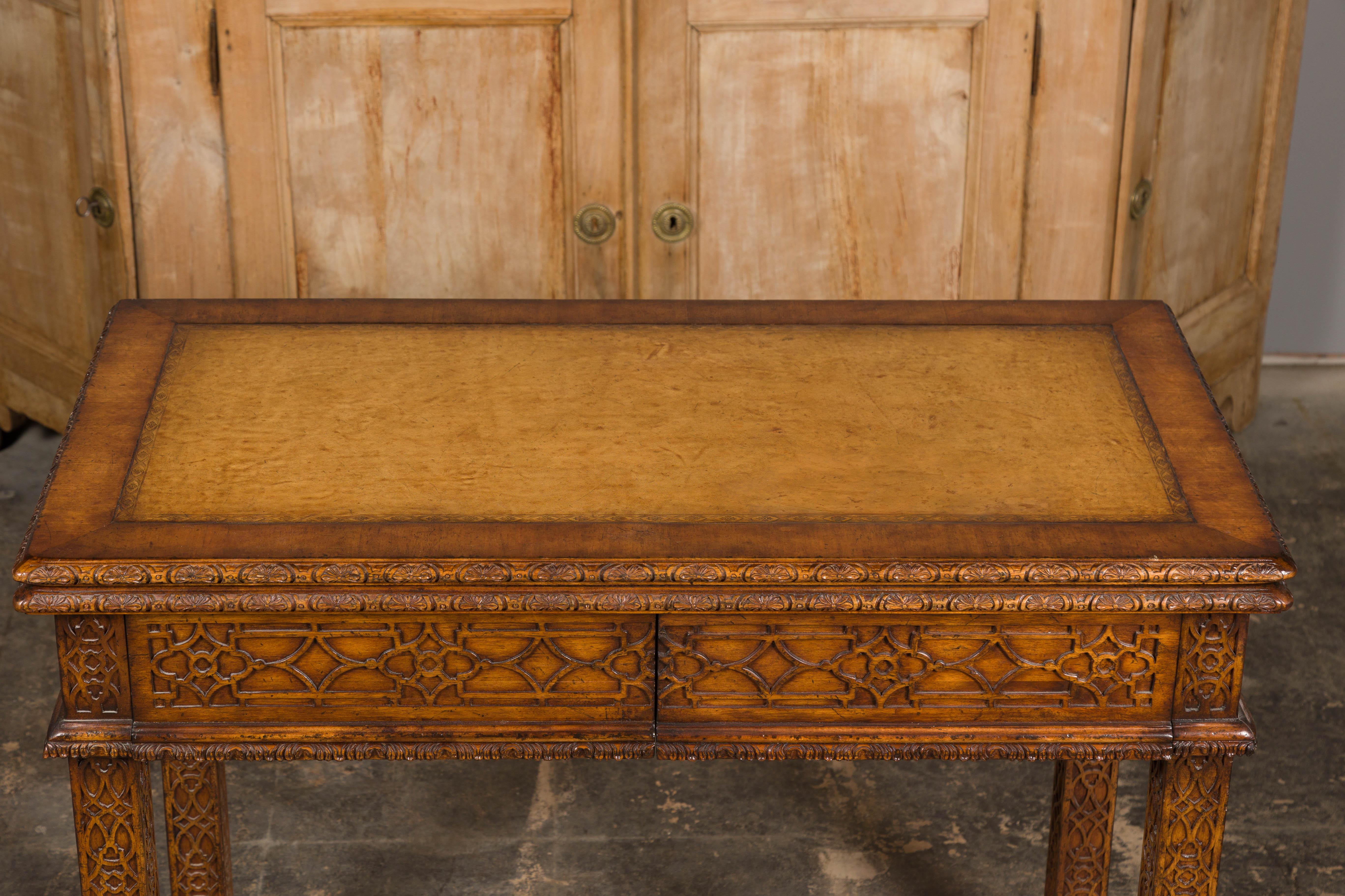 English Midcentury Game Table with Leather Top and Abundant Carved Décor For Sale 4