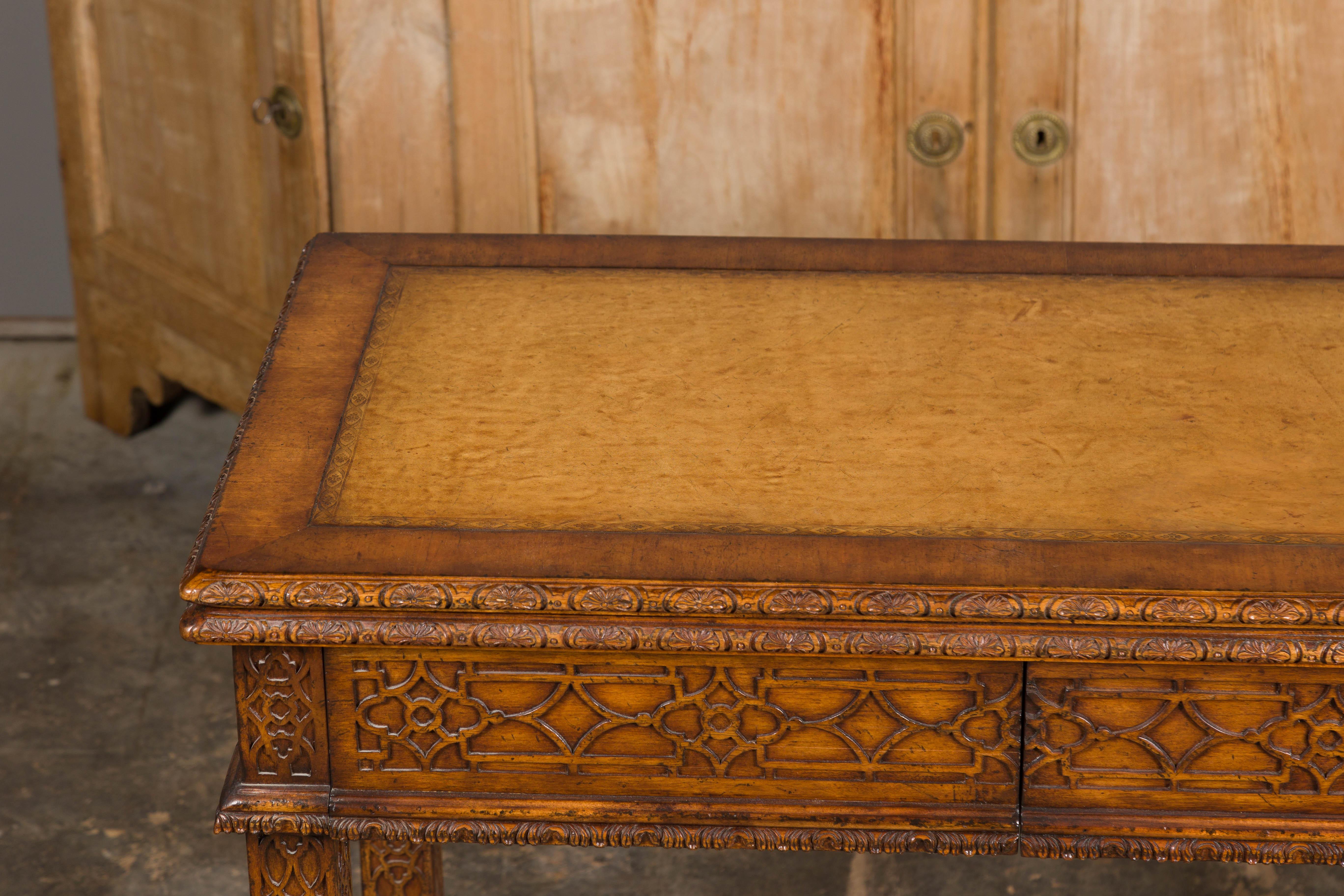 English Midcentury Game Table with Leather Top and Abundant Carved Décor For Sale 5