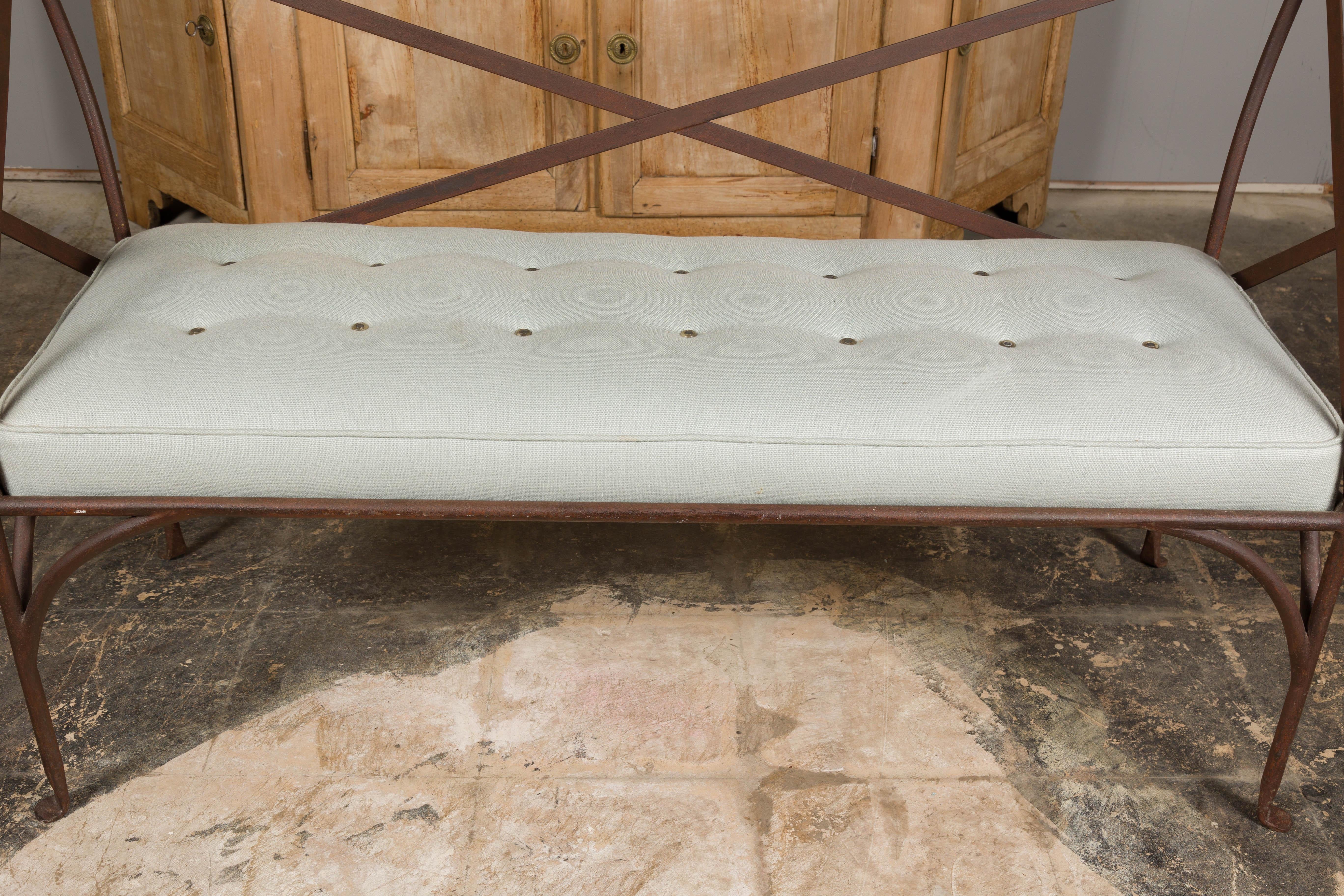 English Midcentury Iron Bench with Custom Cushion and Pad Feet 4