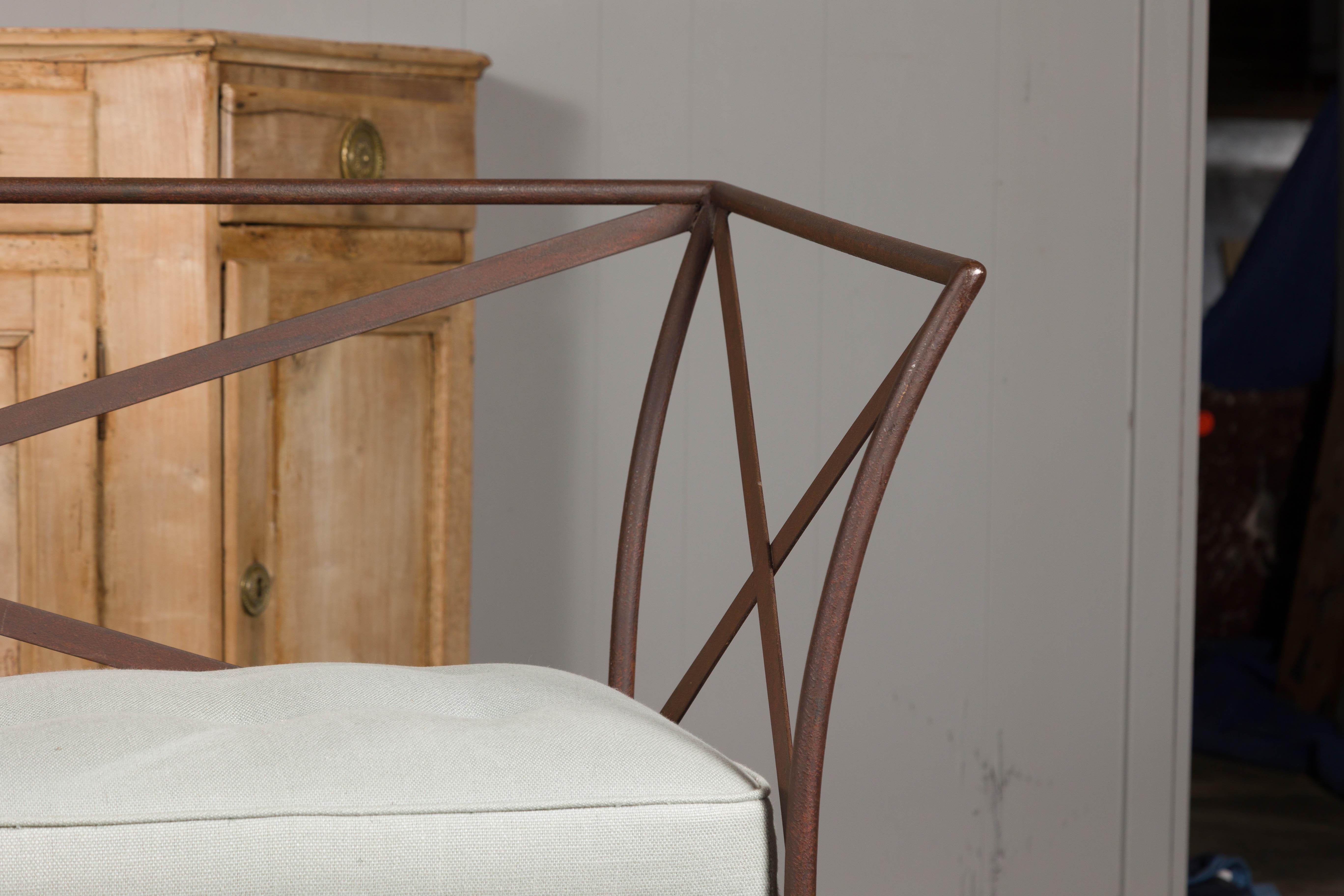 Upholstery English Midcentury Iron Bench with Custom Cushion and Pad Feet