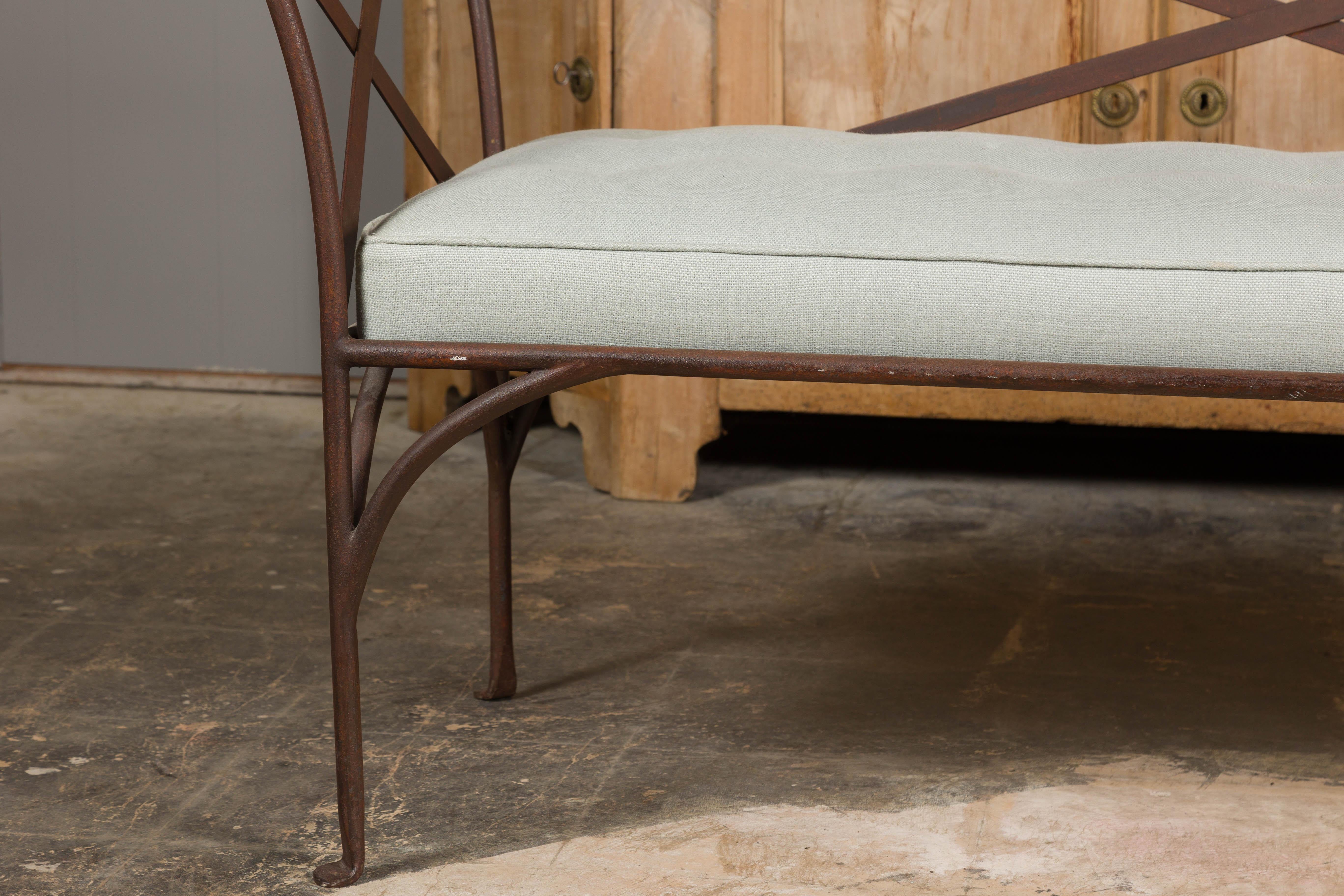 English Midcentury Iron Bench with Custom Cushion and Pad Feet 2