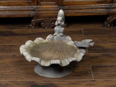 English Midcentury Lead Bird Bath Depicting a Shell with Squirrel and Bird