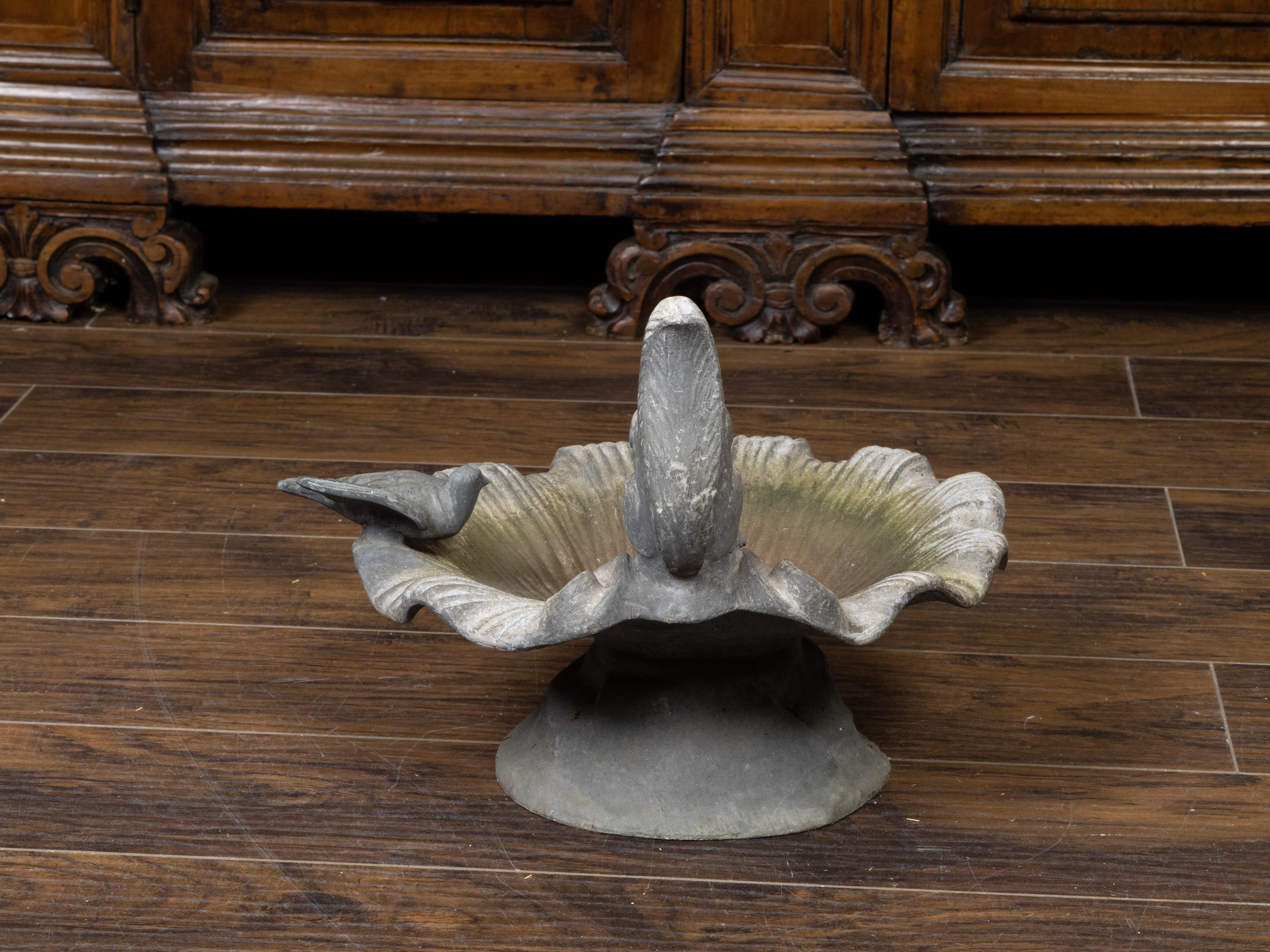 Mid-Century Modern English Midcentury Lead Bird Bath Depicting a Shell with Squirrel and Bird For Sale