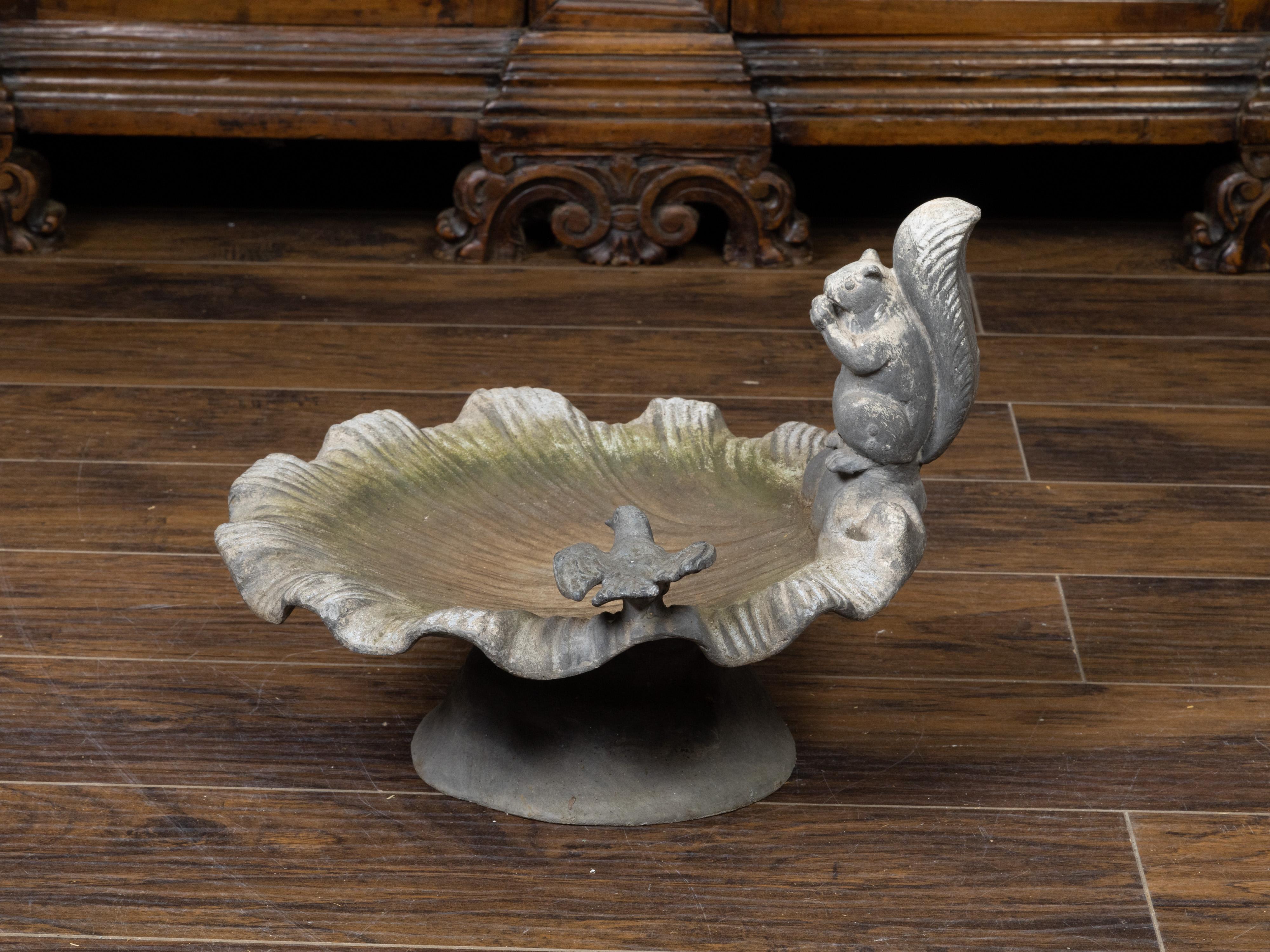 English Midcentury Lead Bird Bath Depicting a Shell with Squirrel and Bird In Good Condition For Sale In Atlanta, GA