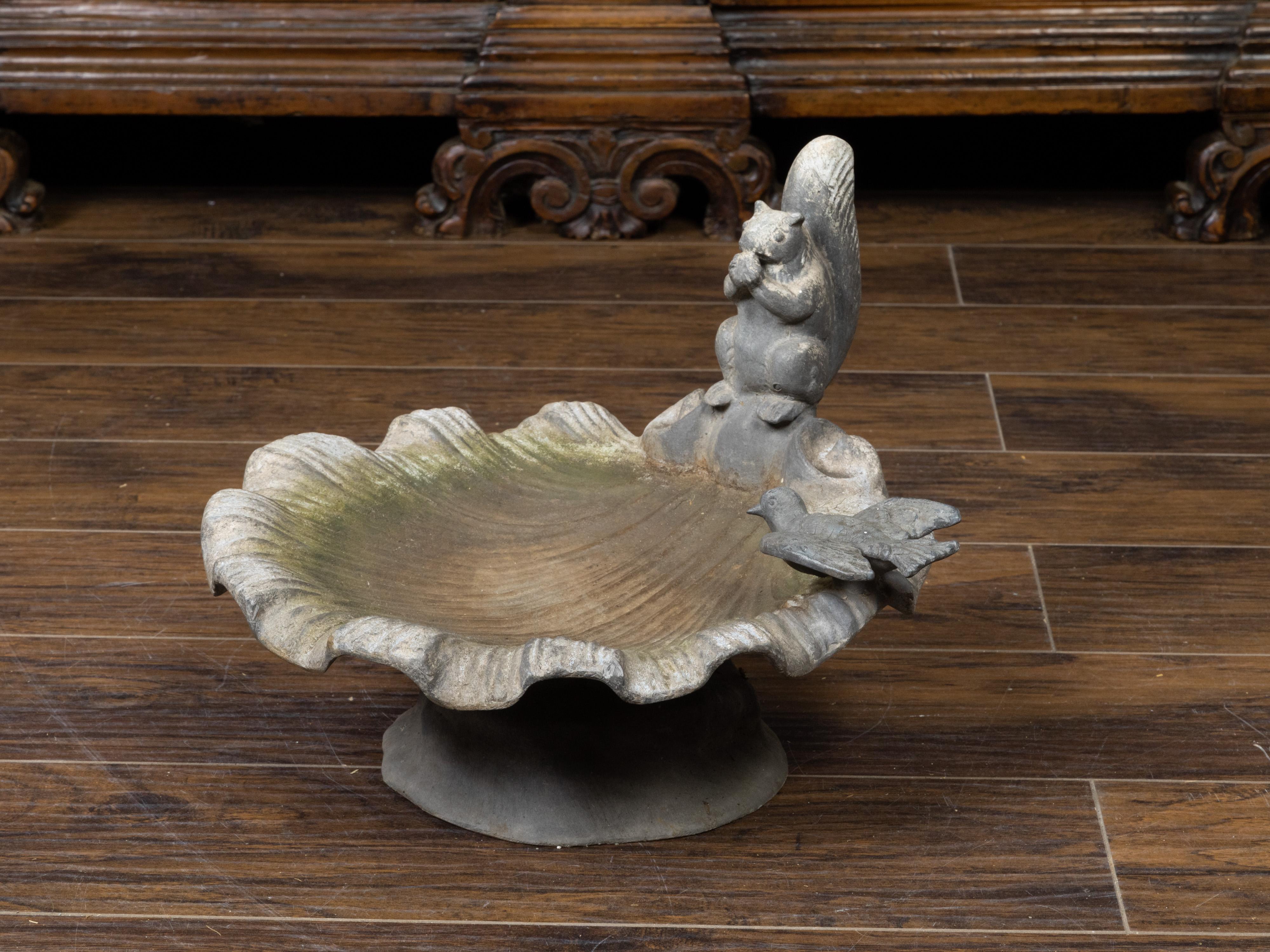 20th Century English Midcentury Lead Bird Bath Depicting a Shell with Squirrel and Bird For Sale