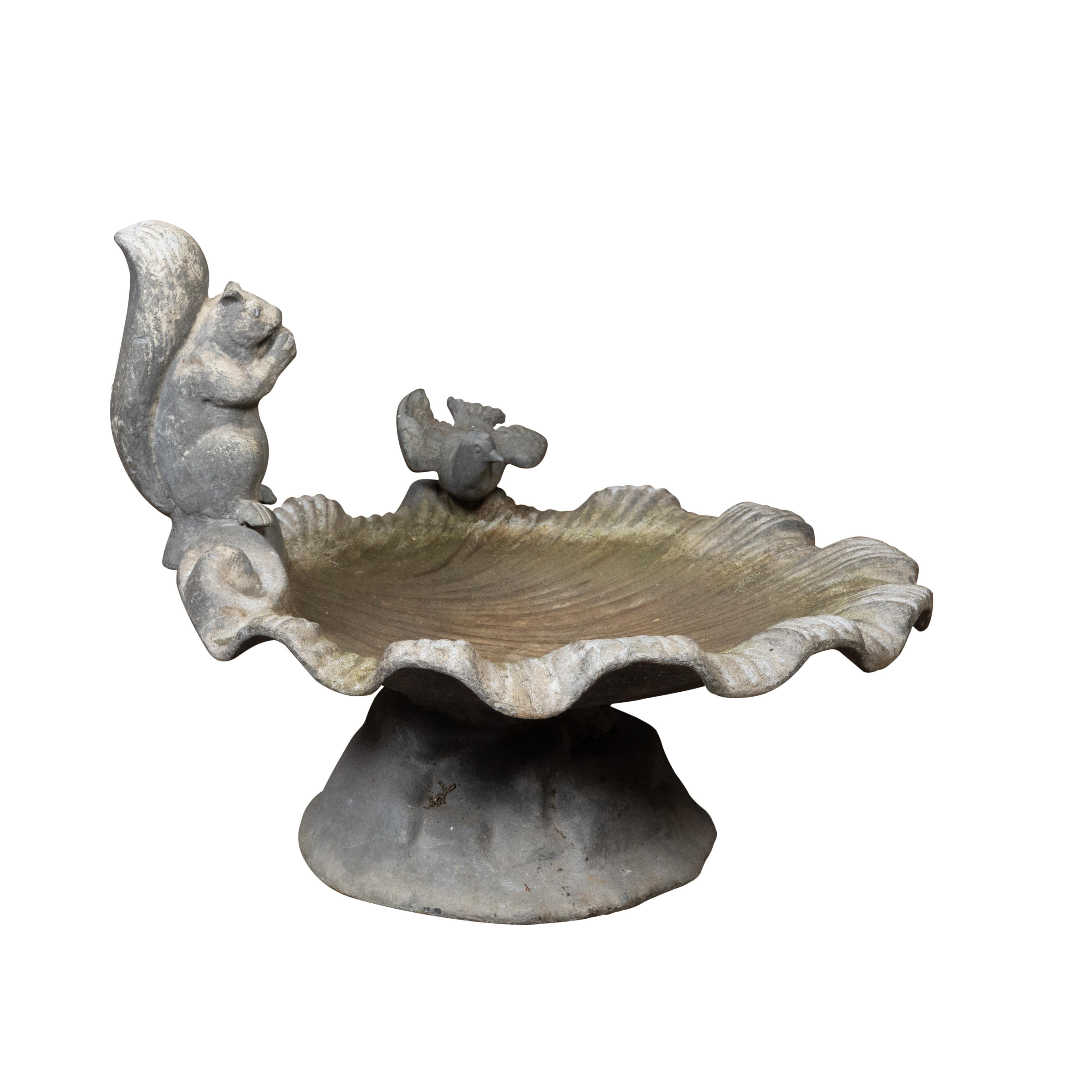 English Midcentury Lead Bird Bath Depicting a Shell with Squirrel and Bird For Sale