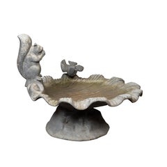 Vintage English Midcentury Lead Bird Bath Depicting a Shell with Squirrel and Bird