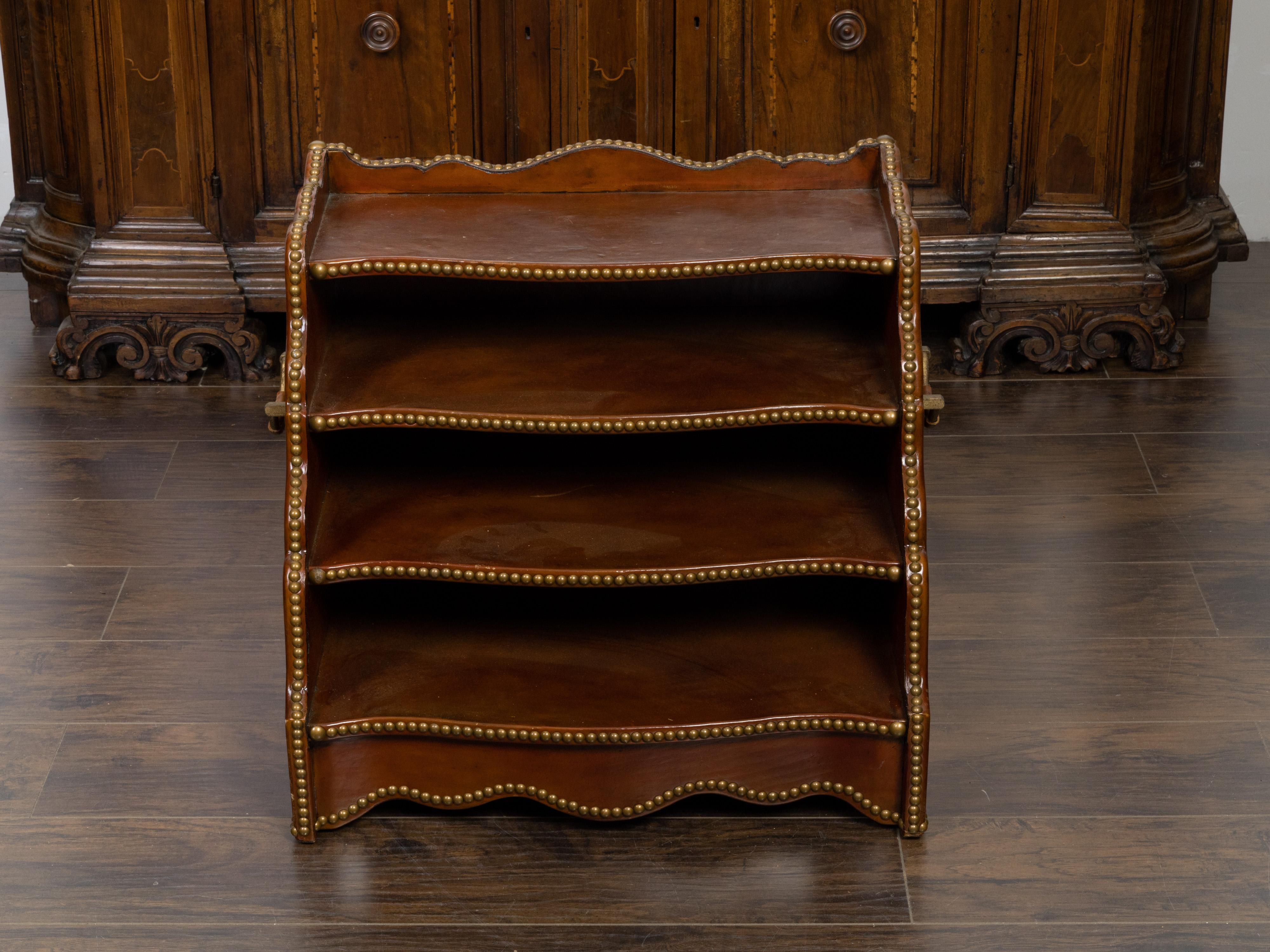 20th Century English Midcentury Leather Magazine Rack with Four Shelves and Brass Nailheads For Sale