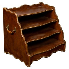 English Midcentury Leather Magazine Rack with Four Shelves and Brass Nailheads