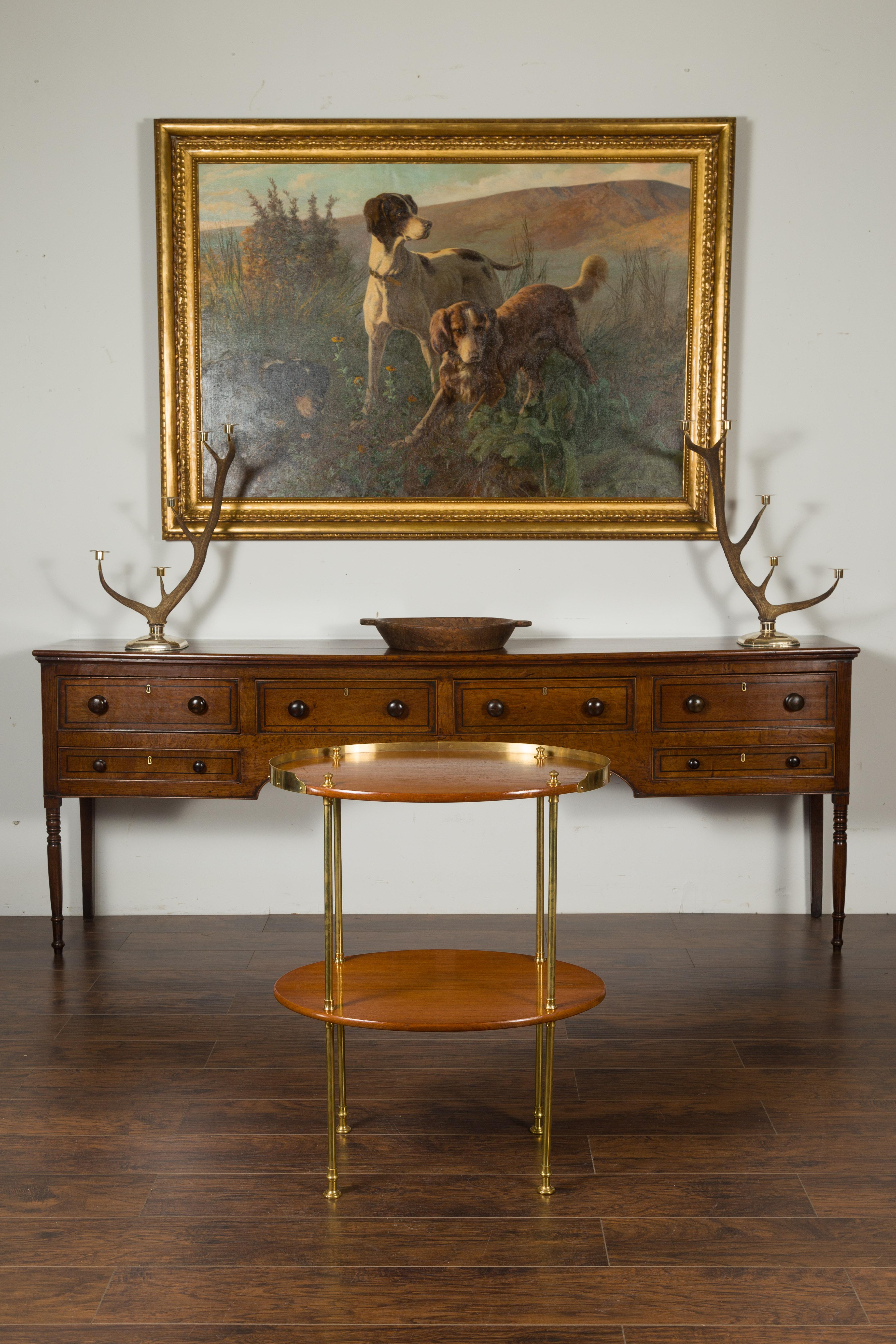 Mid-Century Modern English Midcentury Mahogany Oval Two-Tiered Table with Brass Accents For Sale