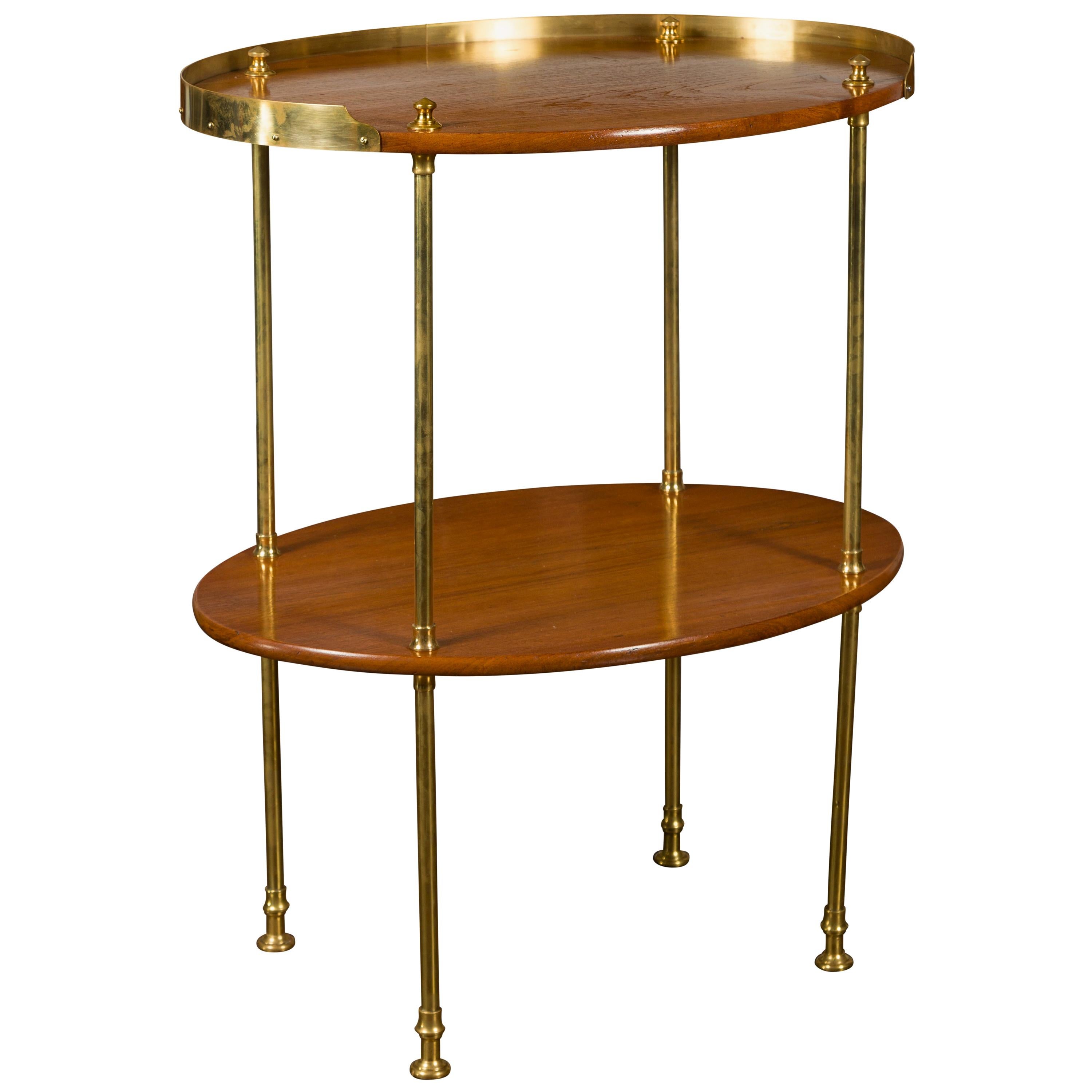 English Midcentury Mahogany Oval Two-Tiered Table with Brass Accents For Sale