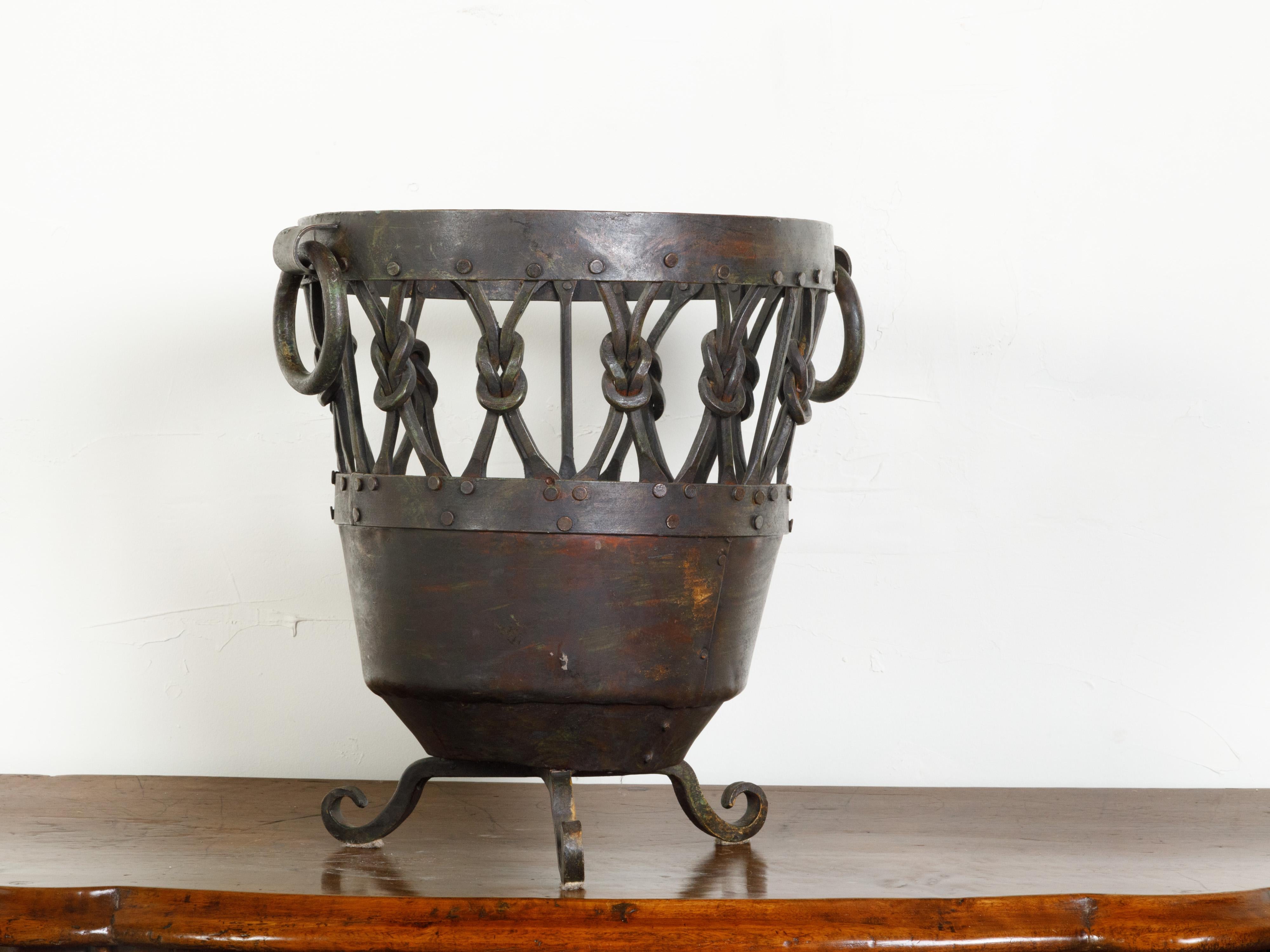 English Mid-Century Metal Brazier / Pot with Knotted Motifs and Scrolling Feet For Sale 3